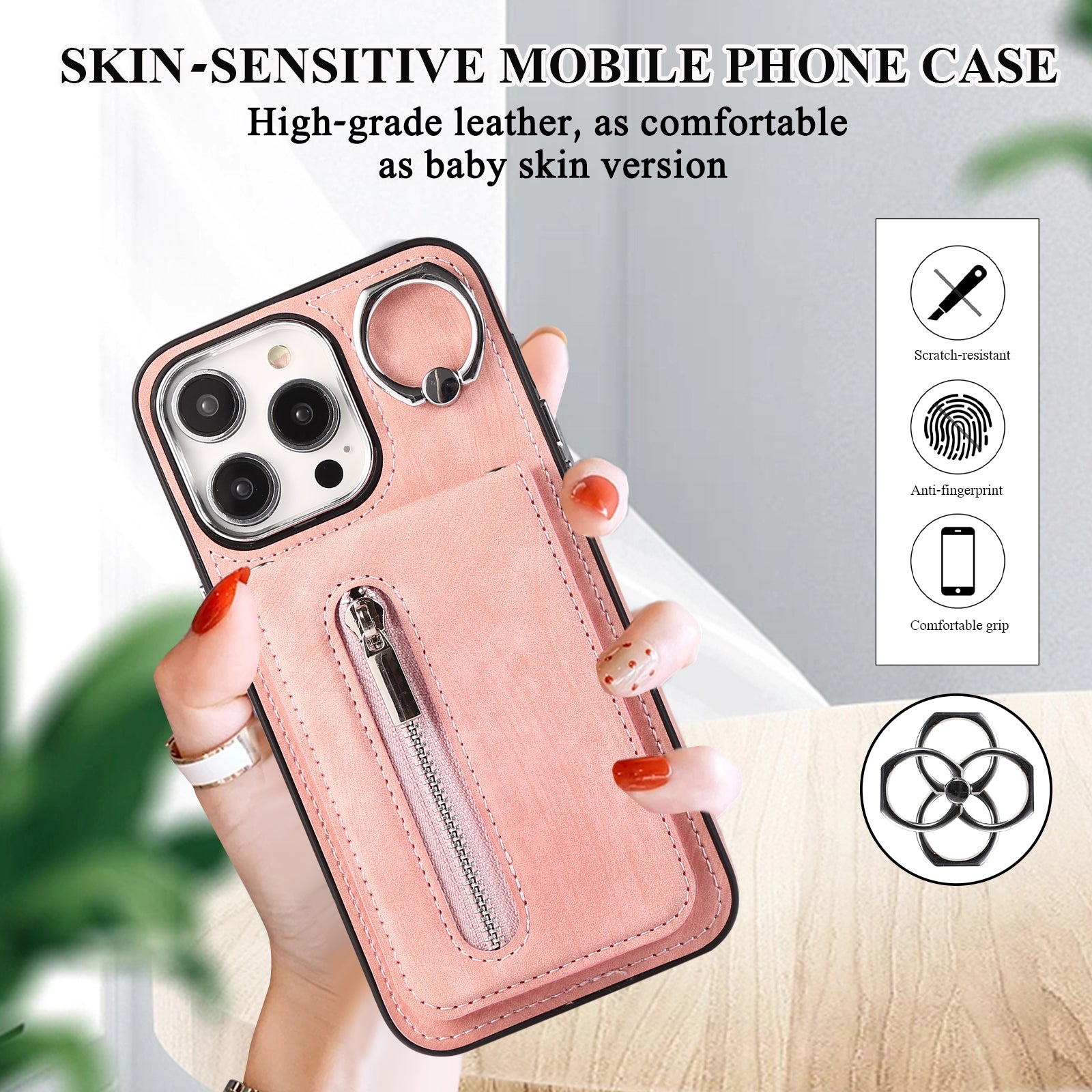 Zipper Pocket Leather+TPU Case for iPhone 15 , Kickstand Phone Cover with Hand Strap and Shoulder Strap - Pink