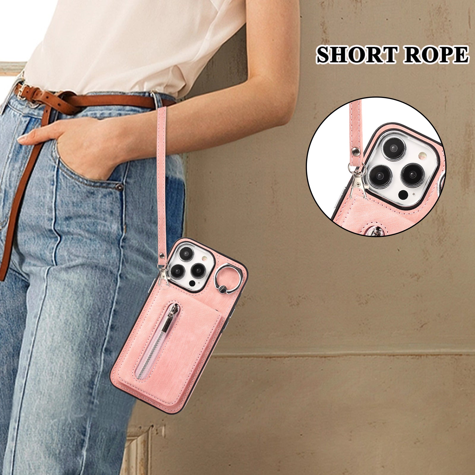 Zipper Pocket Leather+TPU Case for iPhone 15 , Kickstand Phone Cover with Hand Strap and Shoulder Strap - Pink
