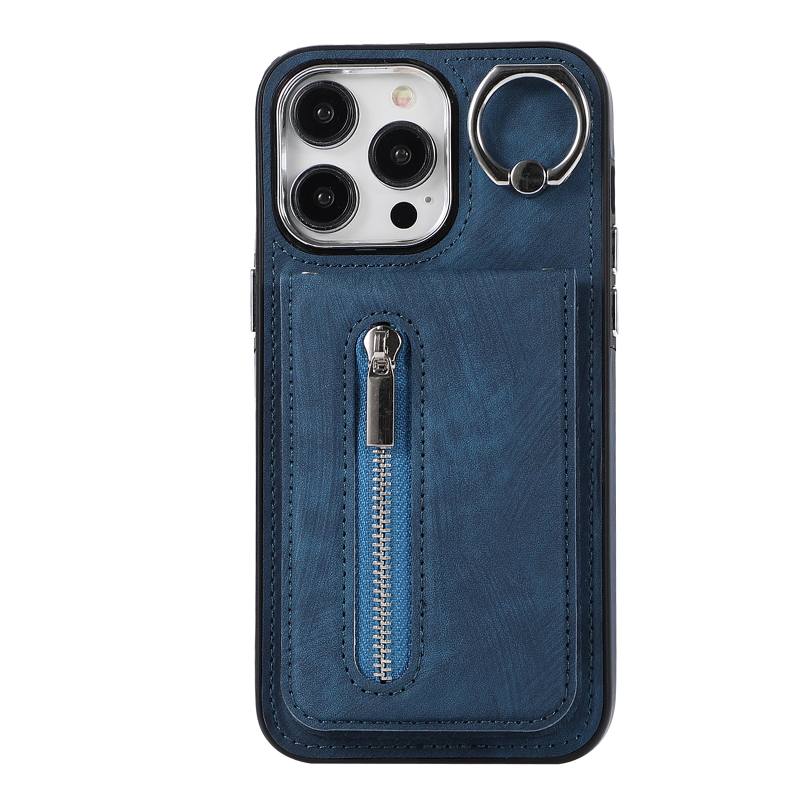 Zipper Pocket Leather+TPU Case for iPhone 15 , Kickstand Phone Cover with Hand Strap and Shoulder Strap - Blue