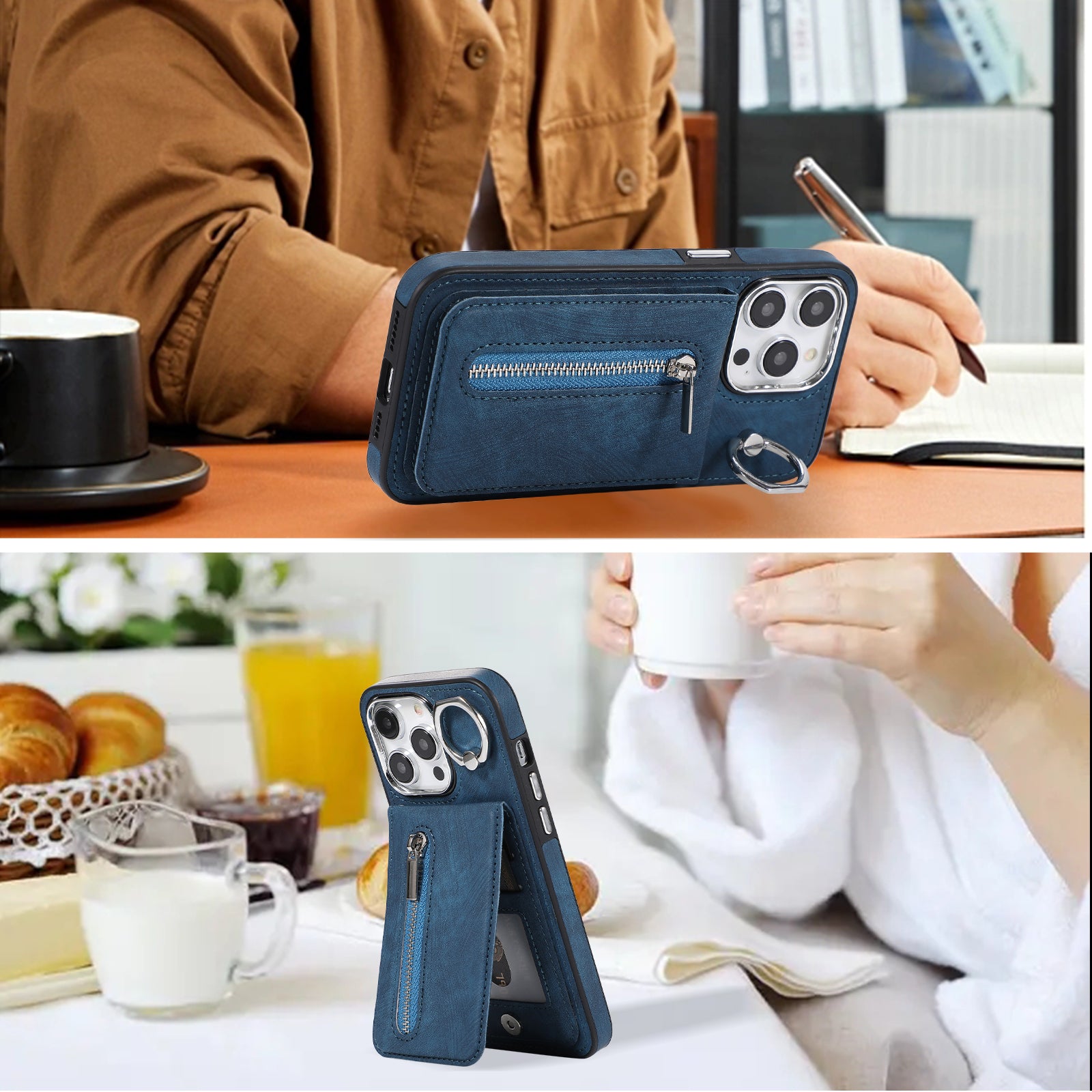 Zipper Pocket Leather+TPU Case for iPhone 15 , Kickstand Phone Cover with Hand Strap and Shoulder Strap - Blue