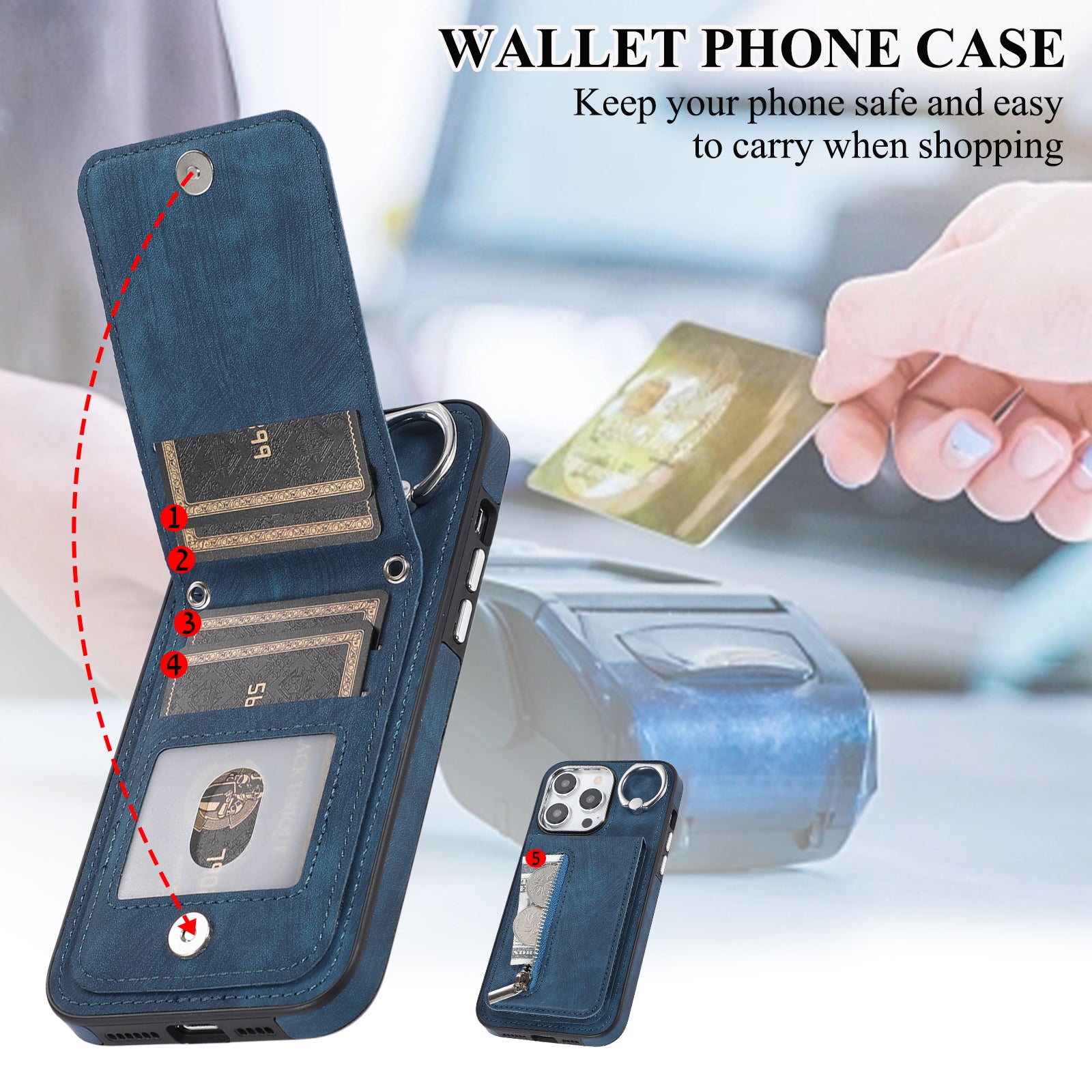 Zipper Pocket Leather+TPU Case for iPhone 15 , Kickstand Phone Cover with Hand Strap and Shoulder Strap - Blue