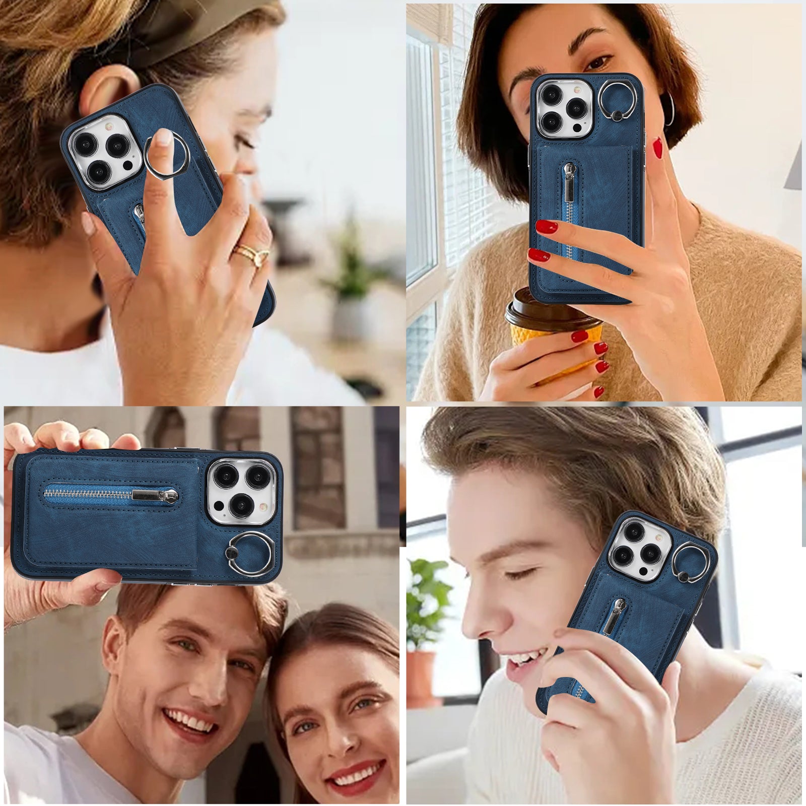 Zipper Pocket Leather+TPU Case for iPhone 15 , Kickstand Phone Cover with Hand Strap and Shoulder Strap - Blue