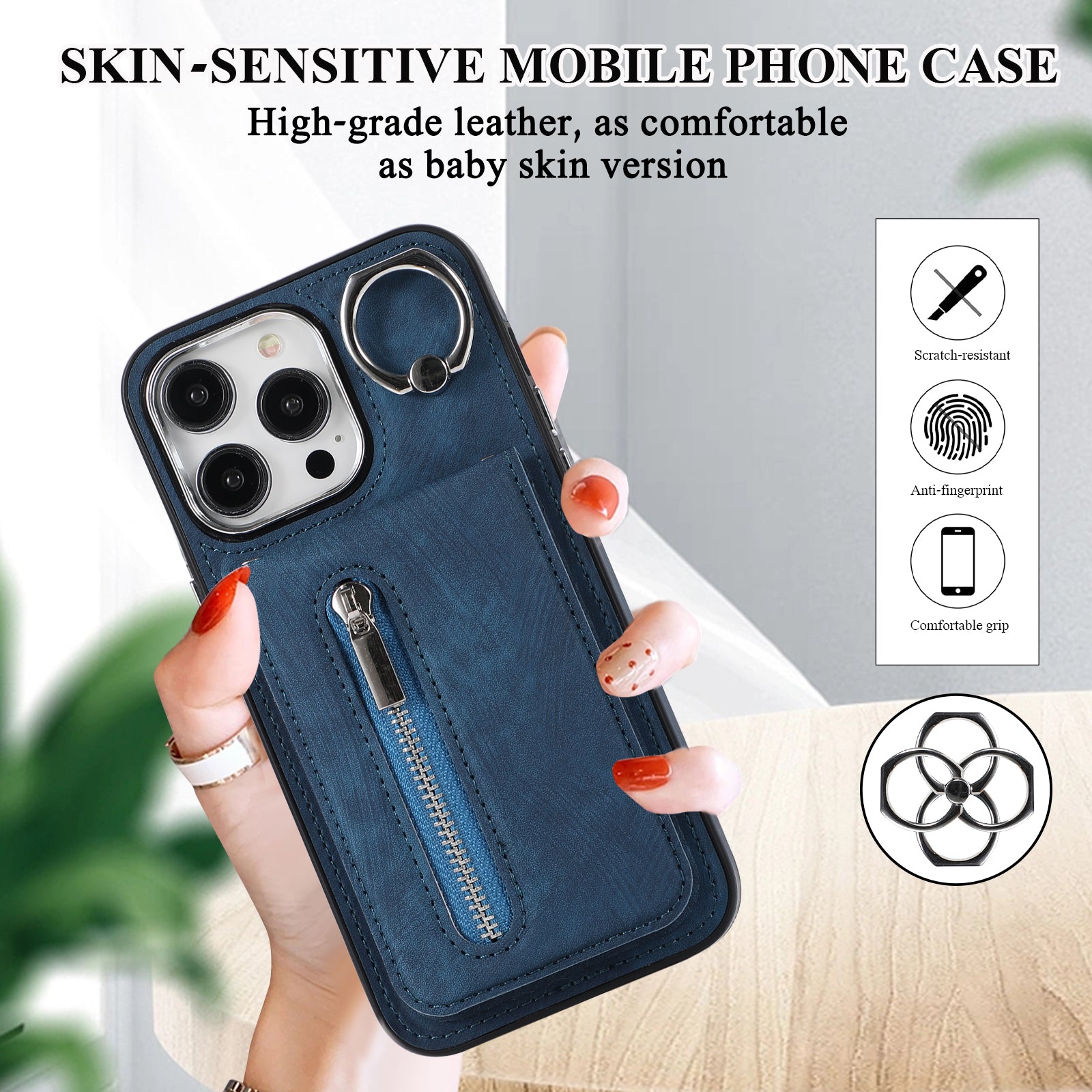 Zipper Pocket Leather+TPU Case for iPhone 15 , Kickstand Phone Cover with Hand Strap and Shoulder Strap - Blue