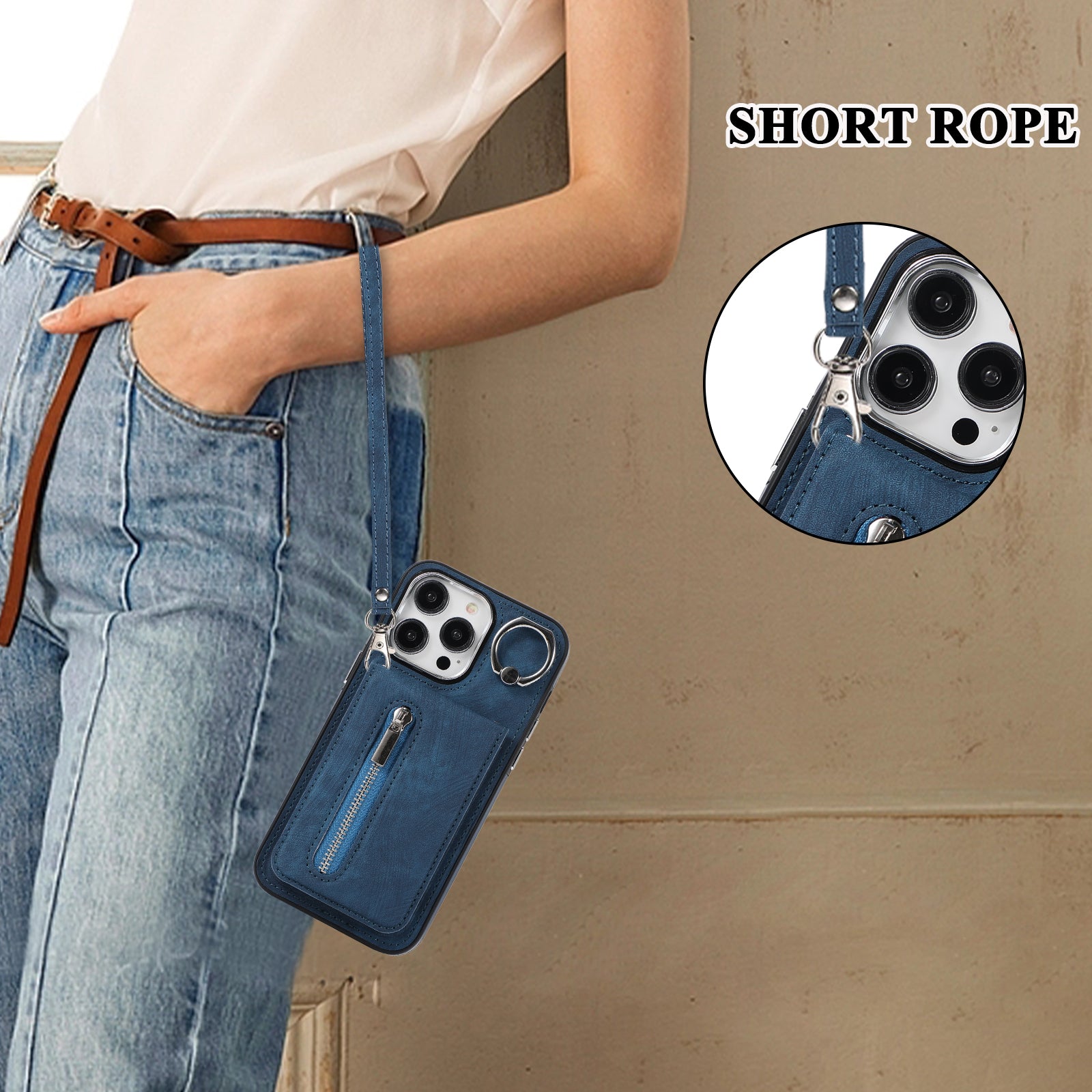 Zipper Pocket Leather+TPU Case for iPhone 15 , Kickstand Phone Cover with Hand Strap and Shoulder Strap - Blue