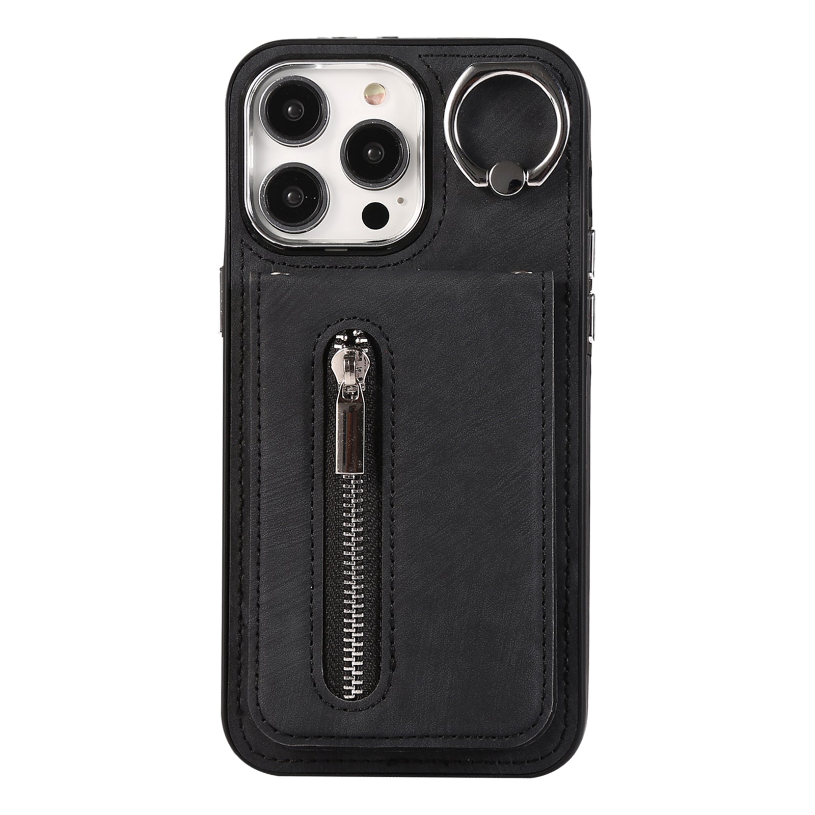 Zipper Pocket Leather+TPU Case for iPhone 15 , Kickstand Phone Cover with Hand Strap and Shoulder Strap - Black