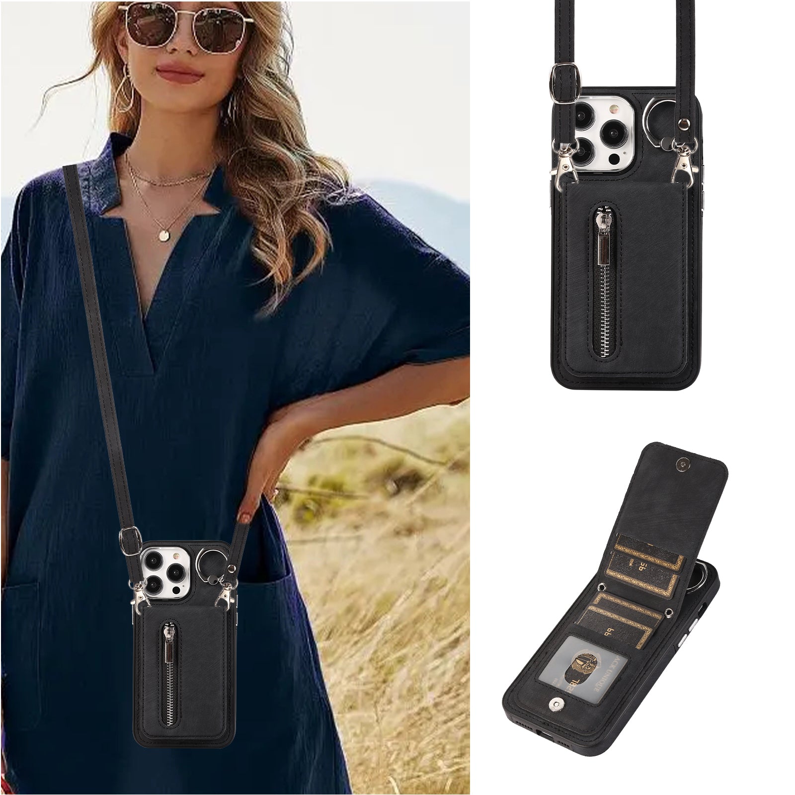 Zipper Pocket Leather+TPU Case for iPhone 15 , Kickstand Phone Cover with Hand Strap and Shoulder Strap - Black