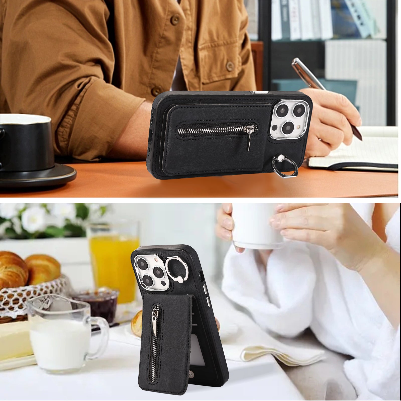 Zipper Pocket Leather+TPU Case for iPhone 15 , Kickstand Phone Cover with Hand Strap and Shoulder Strap - Black