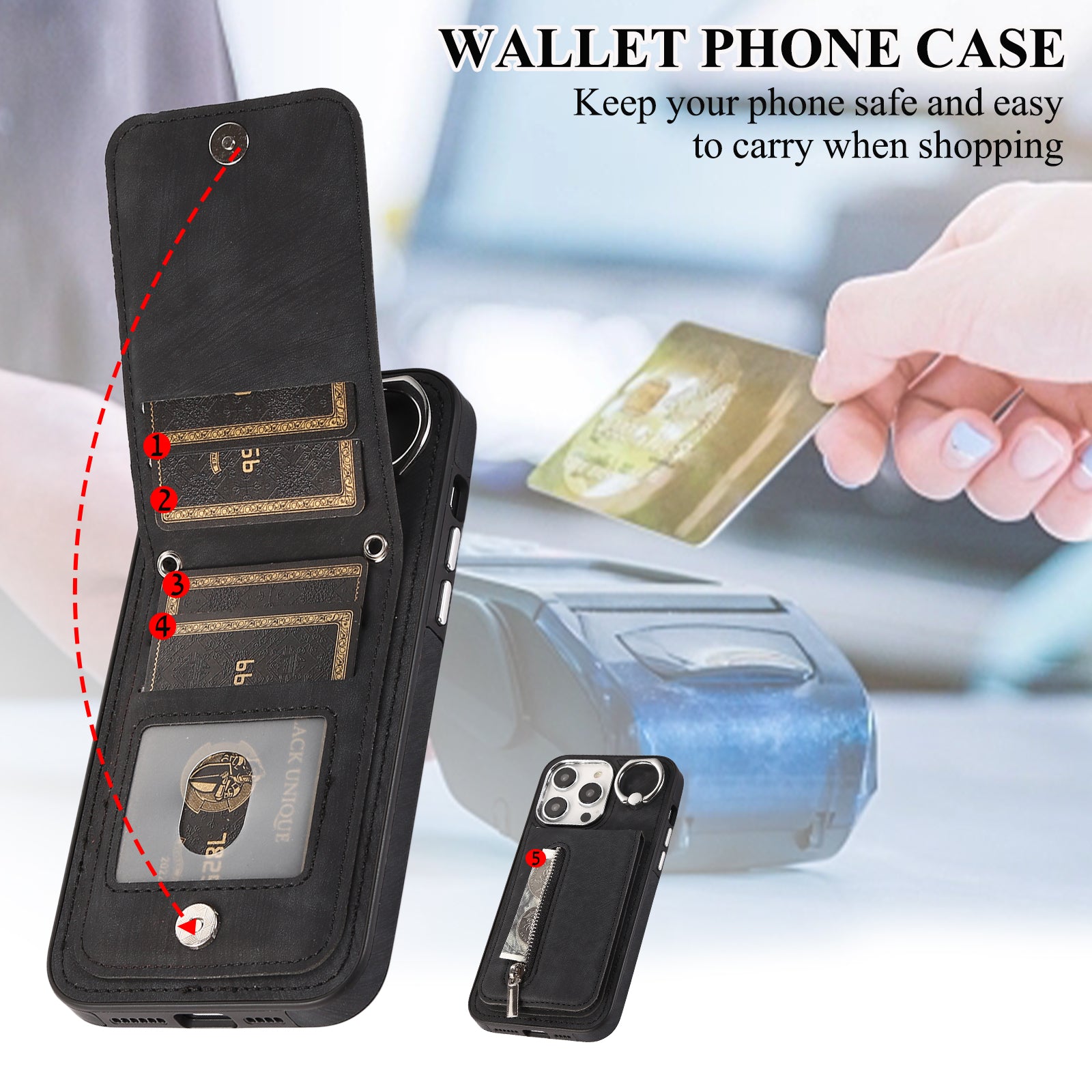 Zipper Pocket Leather+TPU Case for iPhone 15 , Kickstand Phone Cover with Hand Strap and Shoulder Strap - Black