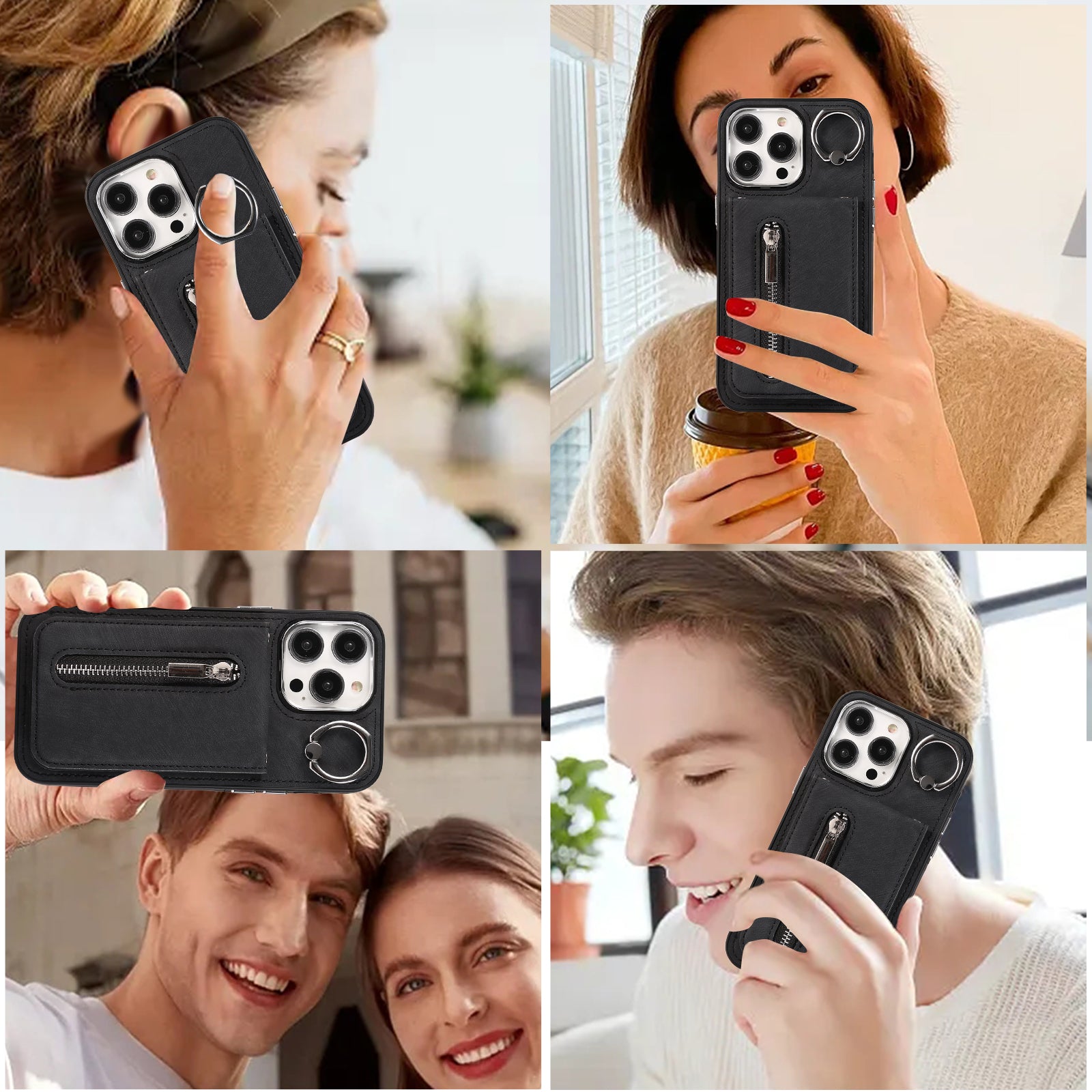 Zipper Pocket Leather+TPU Case for iPhone 15 , Kickstand Phone Cover with Hand Strap and Shoulder Strap - Black