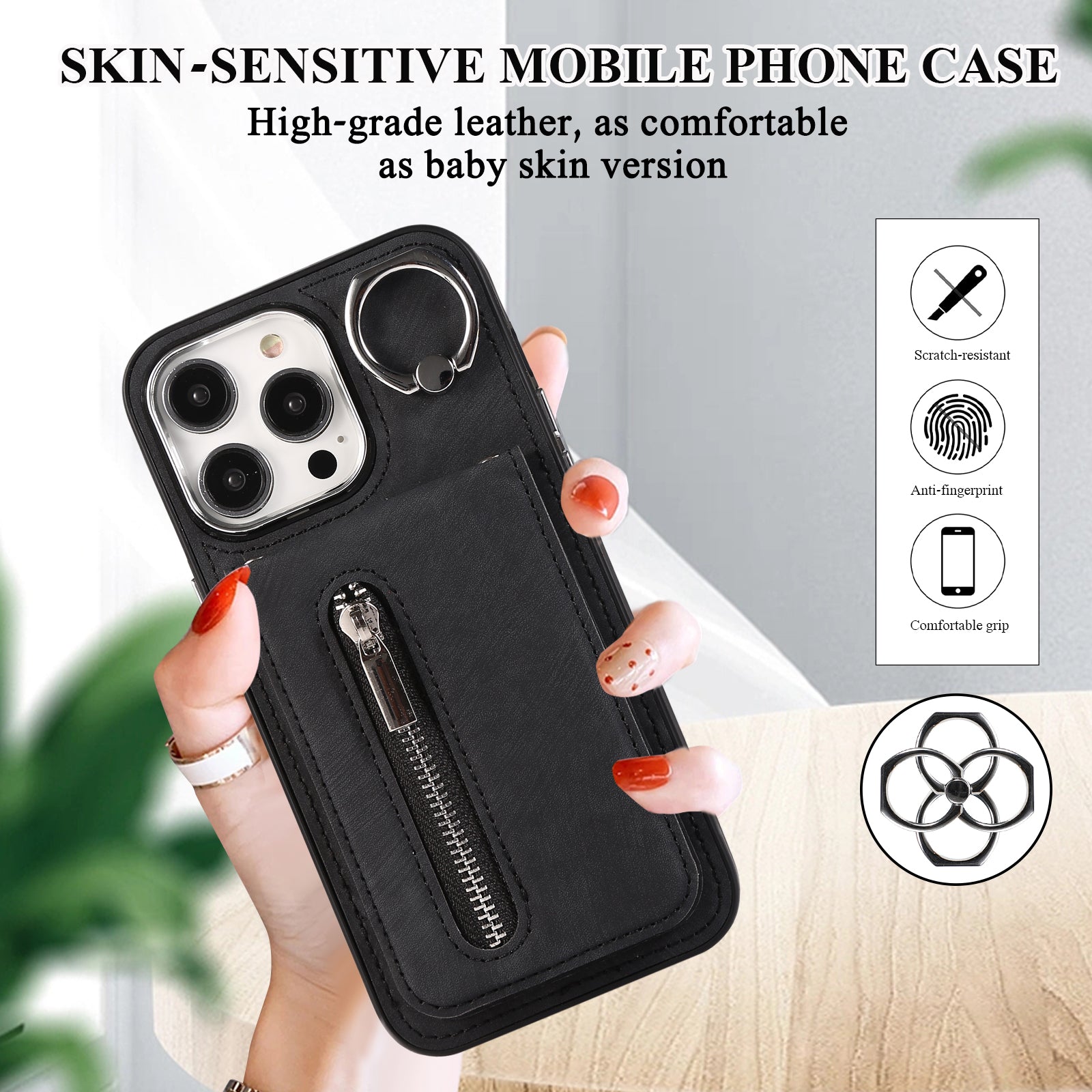 Zipper Pocket Leather+TPU Case for iPhone 15 , Kickstand Phone Cover with Hand Strap and Shoulder Strap - Black