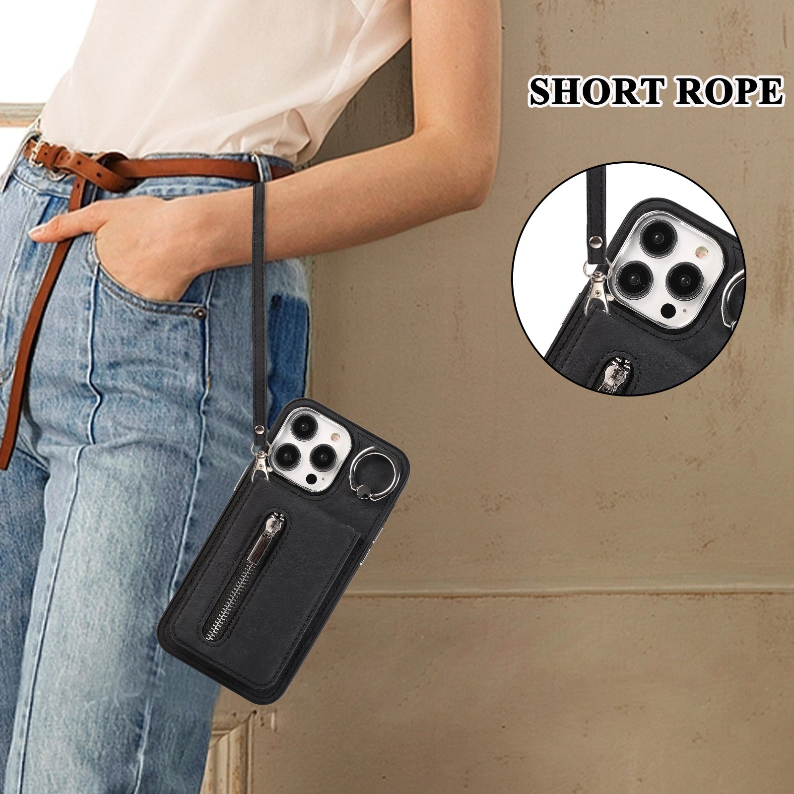 Zipper Pocket Leather+TPU Case for iPhone 15 , Kickstand Phone Cover with Hand Strap and Shoulder Strap - Black