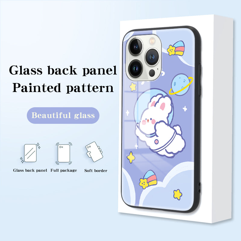 Uniqkart for iPhone 15 Pro Pattern Printing Phone Cover Tempered Glass+PC+TPU Protective Shell - Milk Tea Rabbit