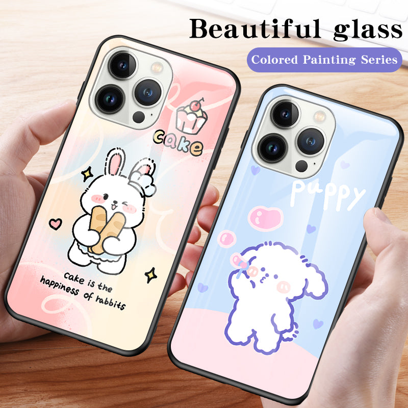 Uniqkart for iPhone 15 Pro Pattern Printing Phone Cover Tempered Glass+PC+TPU Protective Shell - Milk Tea Rabbit