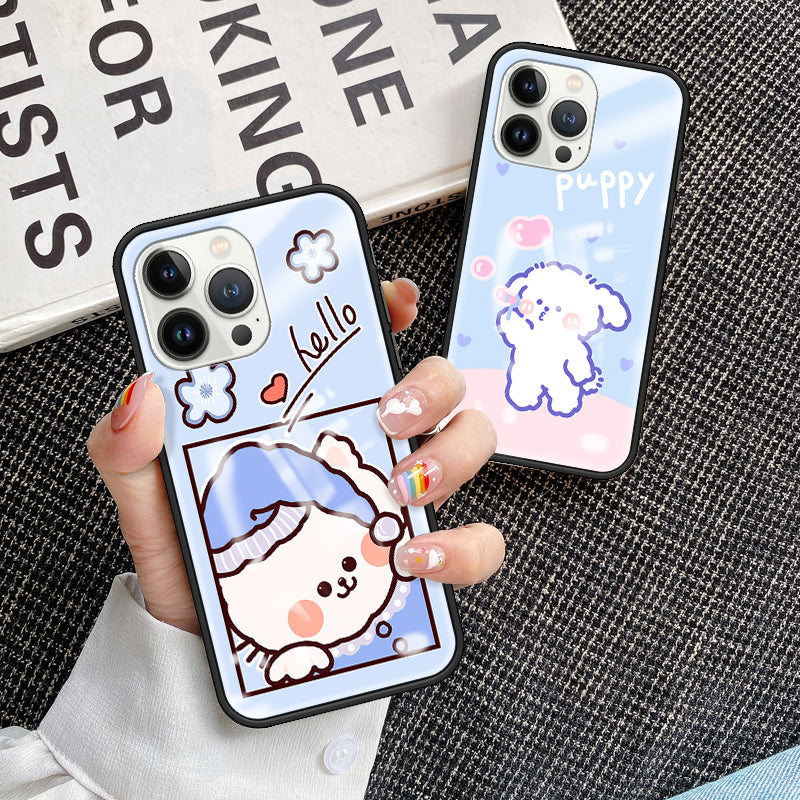Uniqkart for iPhone 15 Pro Pattern Printing Phone Cover Tempered Glass+PC+TPU Protective Shell - Milk Tea Rabbit