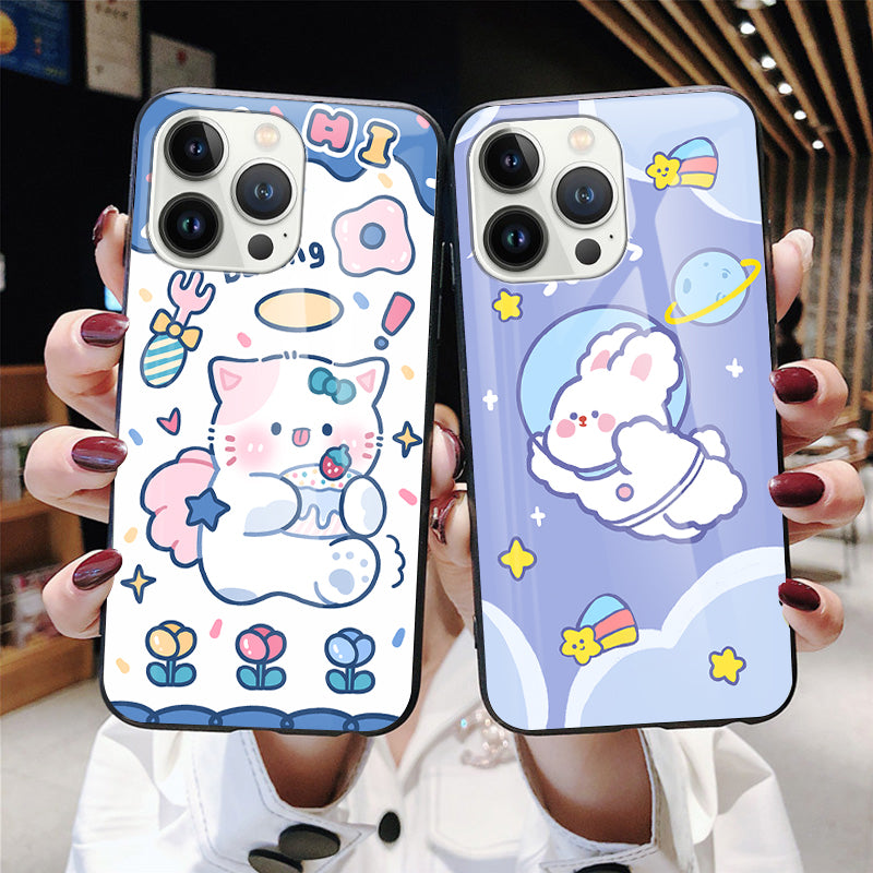 Uniqkart for iPhone 15 Pro Pattern Printing Phone Cover Tempered Glass+PC+TPU Protective Shell - Milk Tea Rabbit