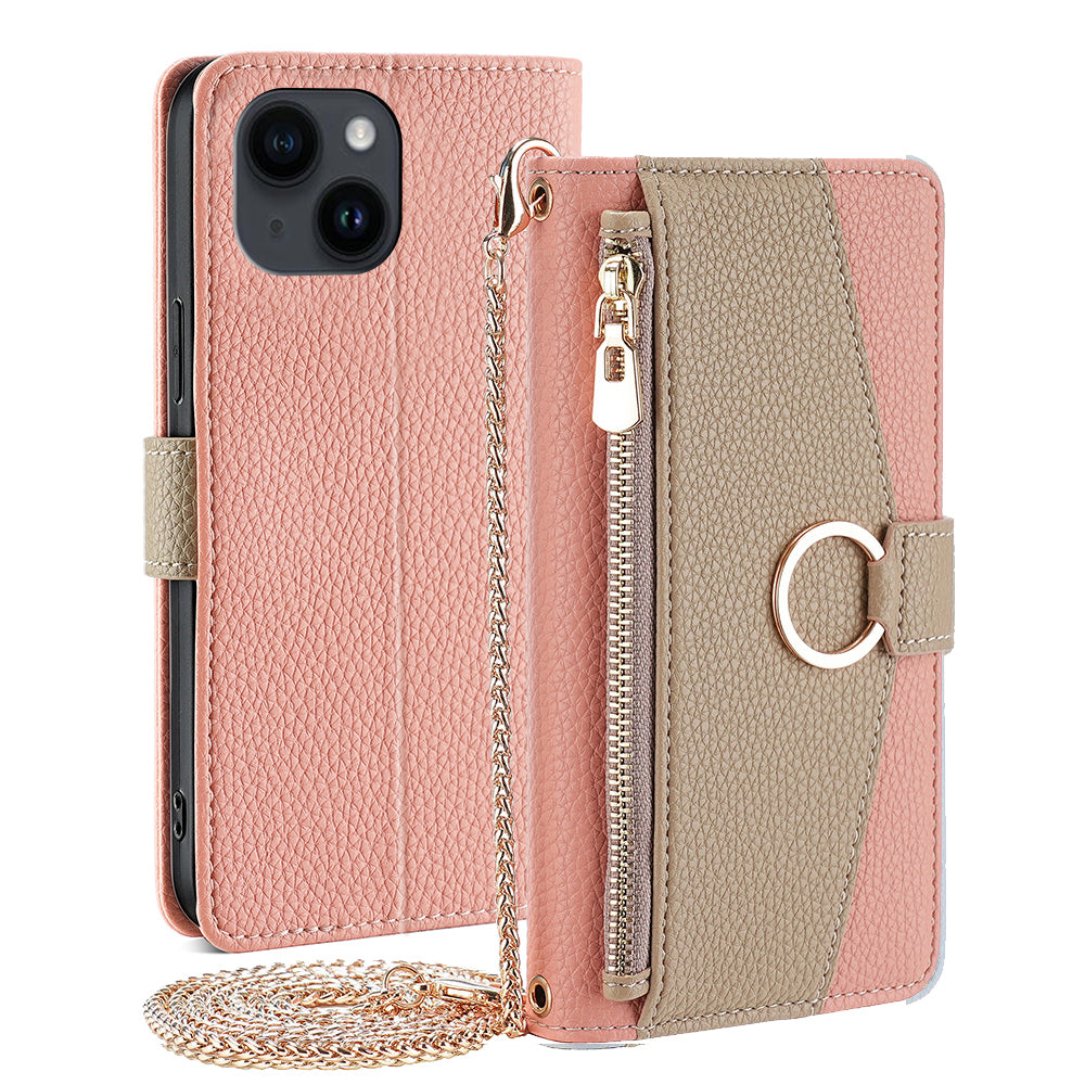 Crossbody Wallet Case for iPhone 15 , Ring Holder PU Leather Stand Phone Cover with Makeup Mirror / Shoulder Strap - Pink