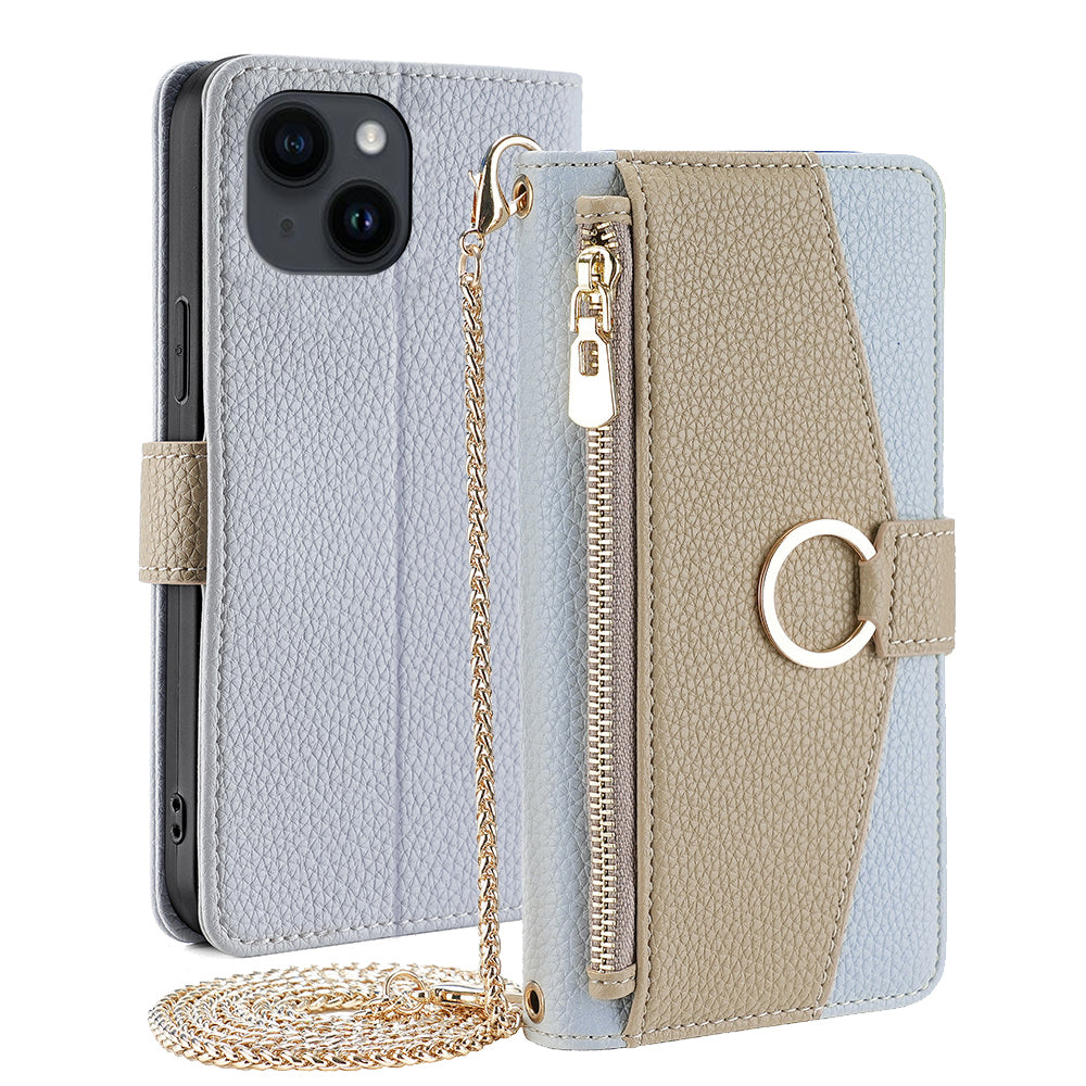 Crossbody Wallet Case for iPhone 15 , Ring Holder PU Leather Stand Phone Cover with Makeup Mirror / Shoulder Strap - Blue