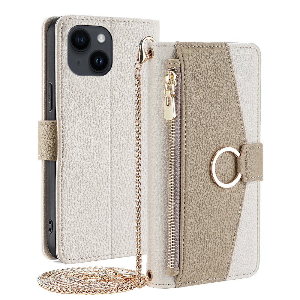 Crossbody Wallet Case for iPhone 15 , Ring Holder PU Leather Stand Phone Cover with Makeup Mirror / Shoulder Strap - White