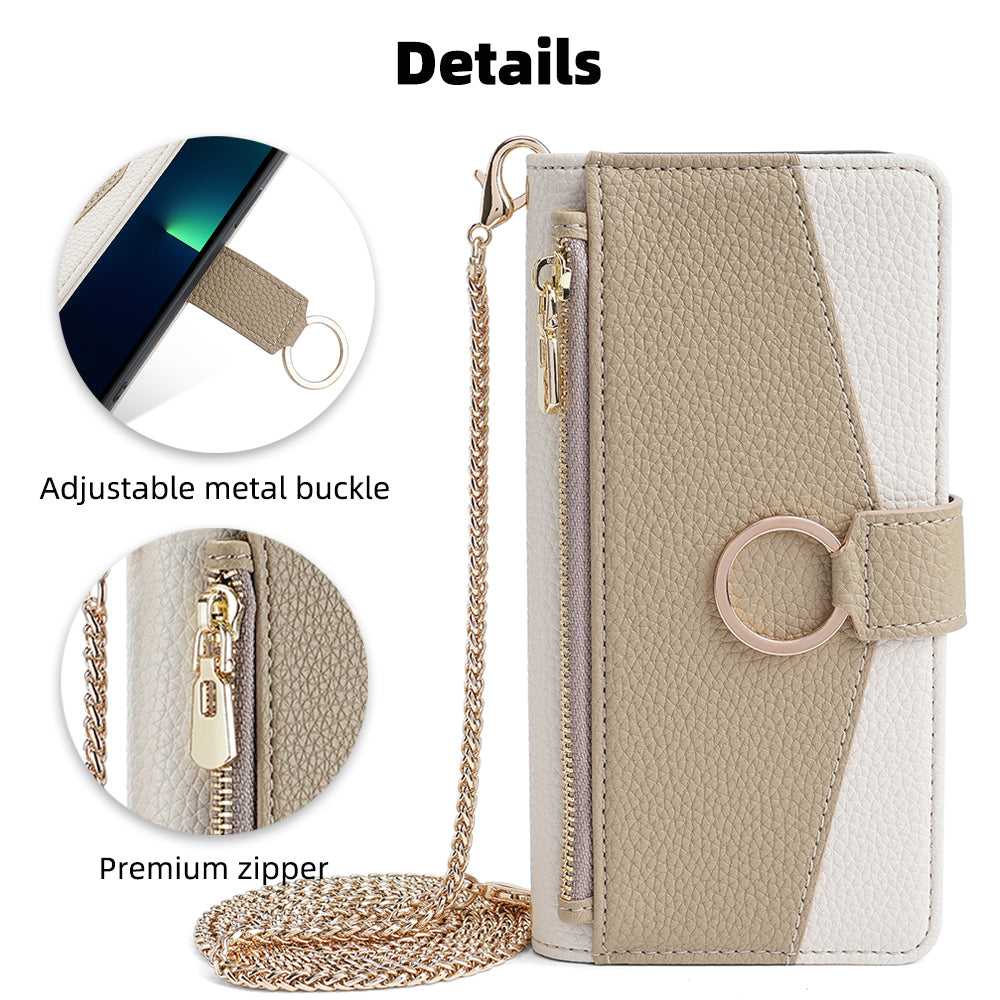 Crossbody Wallet Case for iPhone 15 , Ring Holder PU Leather Stand Phone Cover with Makeup Mirror / Shoulder Strap - White