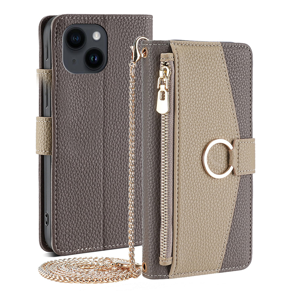 Crossbody Wallet Case for iPhone 15 , Ring Holder PU Leather Stand Phone Cover with Makeup Mirror / Shoulder Strap - Grey