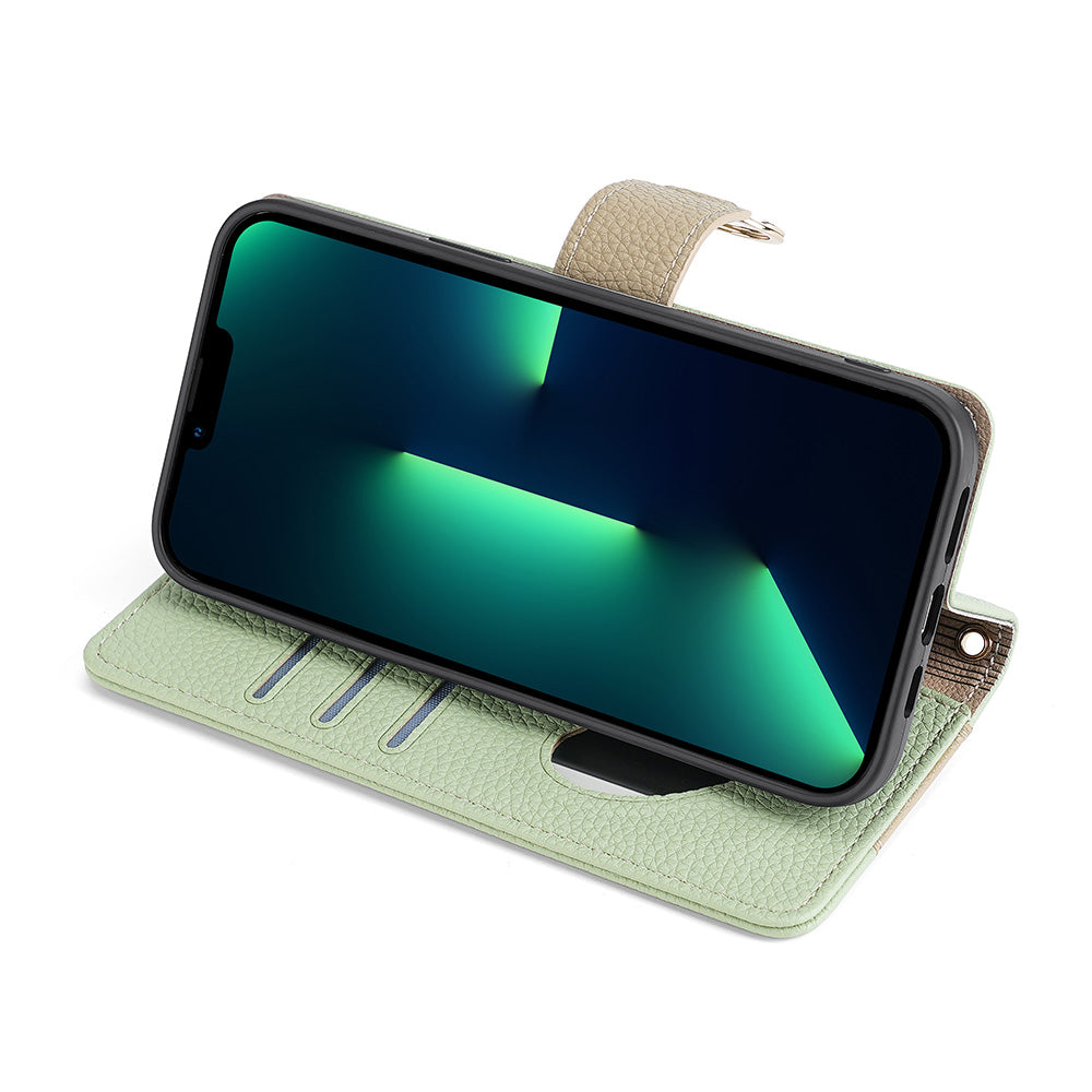 Crossbody Wallet Case for iPhone 15 , Ring Holder PU Leather Stand Phone Cover with Makeup Mirror / Shoulder Strap - Green