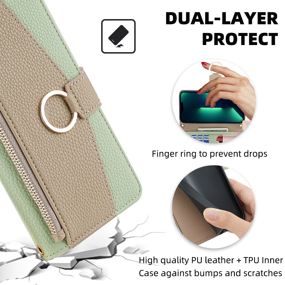 Crossbody Wallet Case for iPhone 15 , Ring Holder PU Leather Stand Phone Cover with Makeup Mirror / Shoulder Strap - Green