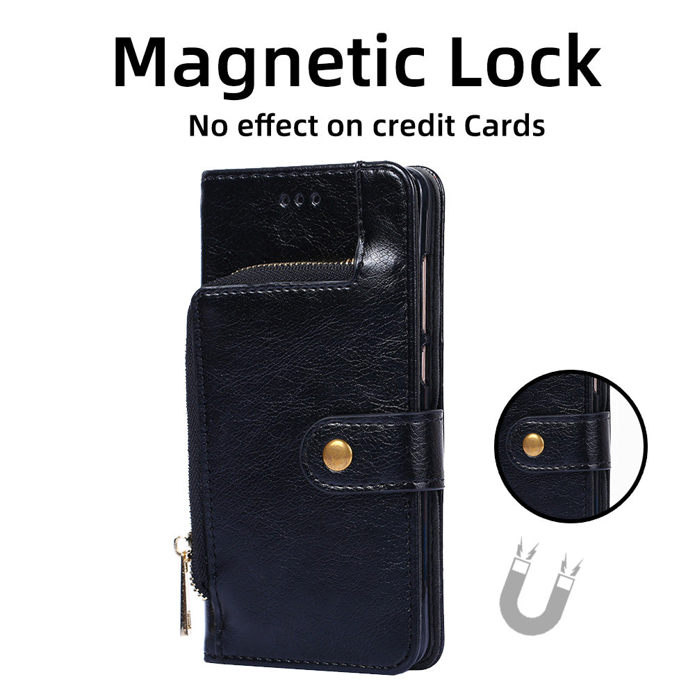 Zipper Pocket Leather Case for iPhone 15 Pro Max , Wallet Stand Mobile Phone Cover with Strap - Black