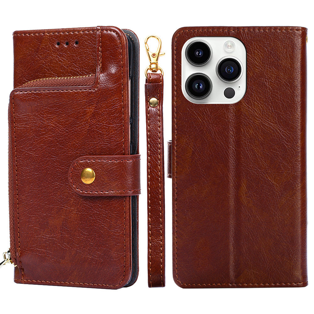 Zipper Pocket Wallet Phone Cover for iPhone 15 Pro , Stand PU Leather Case with Strap - Brown
