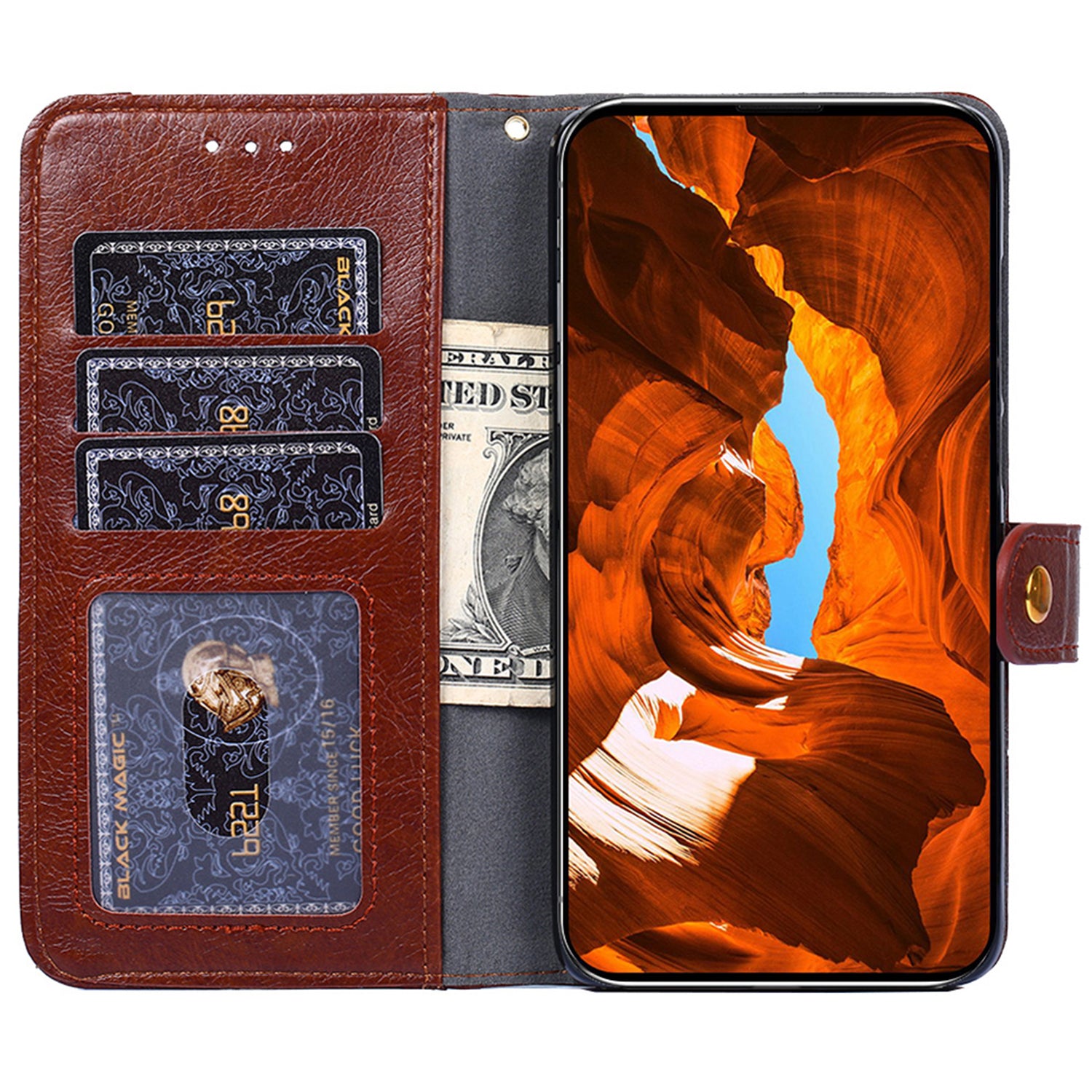 Zipper Pocket Wallet Phone Cover for iPhone 15 Pro , Stand PU Leather Case with Strap - Brown