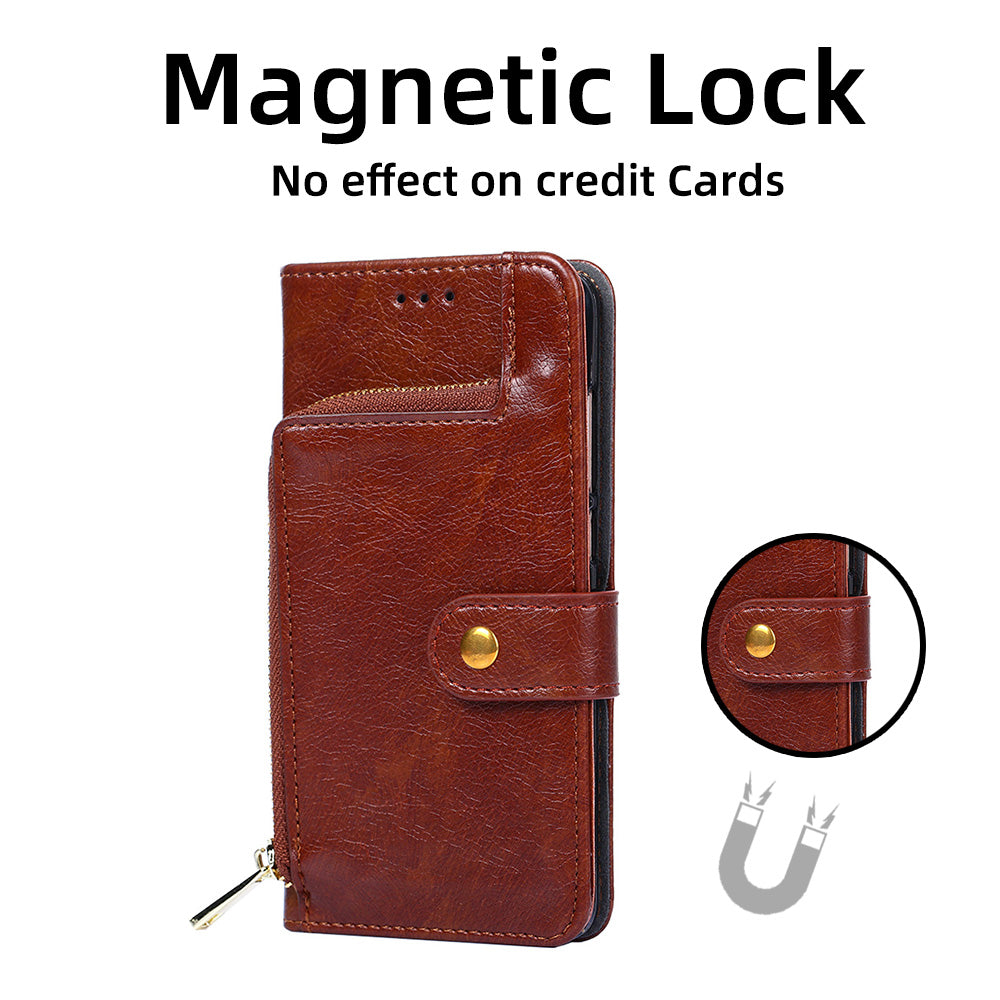 Zipper Pocket Wallet Phone Cover for iPhone 15 Pro , Stand PU Leather Case with Strap - Brown