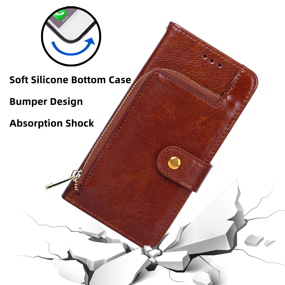 Zipper Pocket Wallet Phone Cover for iPhone 15 Pro , Stand PU Leather Case with Strap - Brown