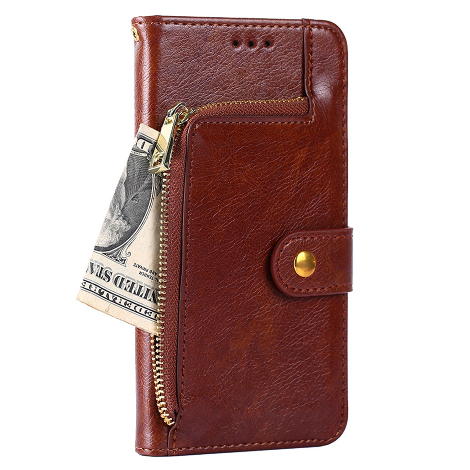 Zipper Pocket Wallet Phone Cover for iPhone 15 Pro , Stand PU Leather Case with Strap - Brown