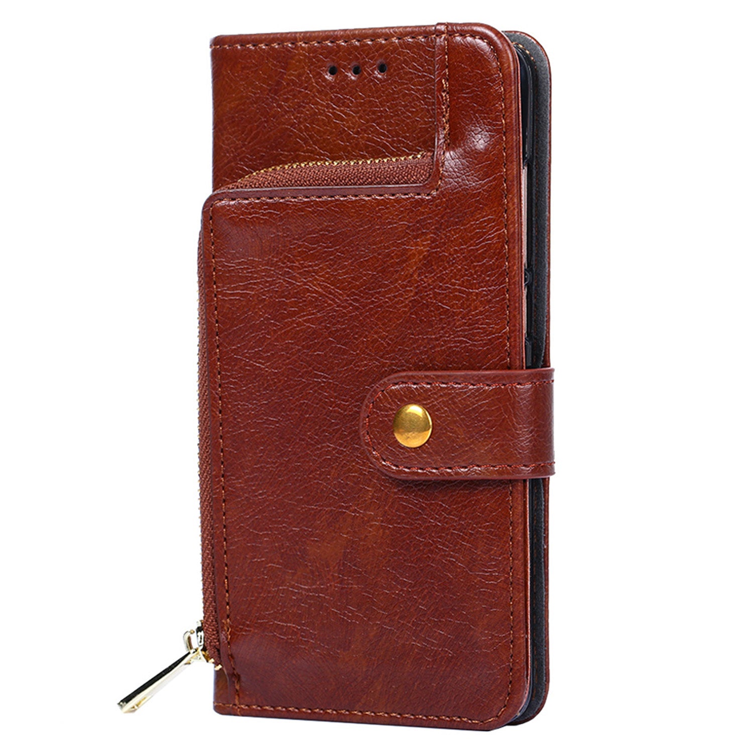 Zipper Pocket Wallet Phone Cover for iPhone 15 Pro , Stand PU Leather Case with Strap - Brown