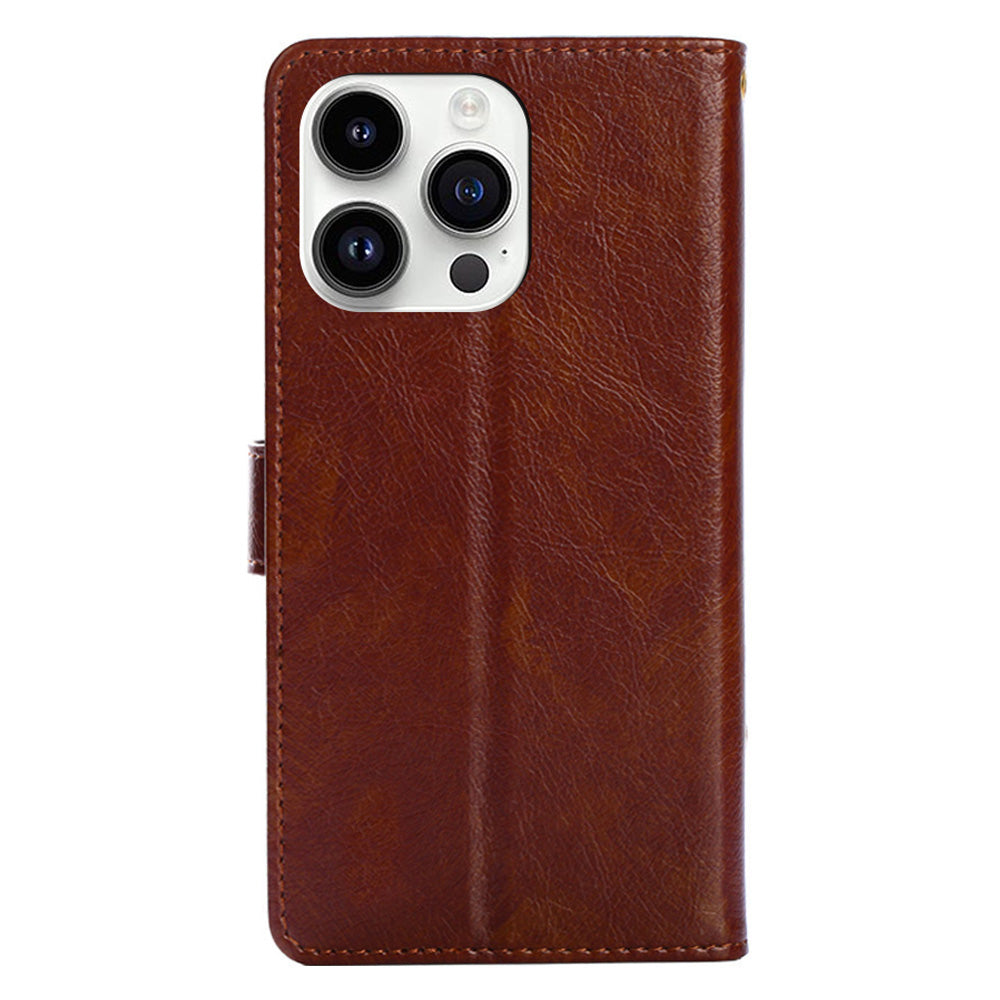 Zipper Pocket Wallet Phone Cover for iPhone 15 Pro , Stand PU Leather Case with Strap - Brown