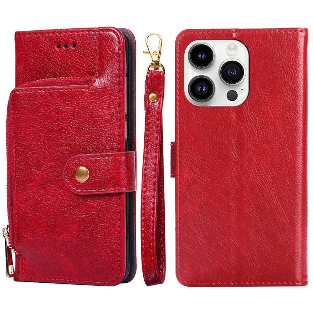 Zipper Pocket Wallet Phone Cover for iPhone 15 Pro , Stand PU Leather Case with Strap - Red