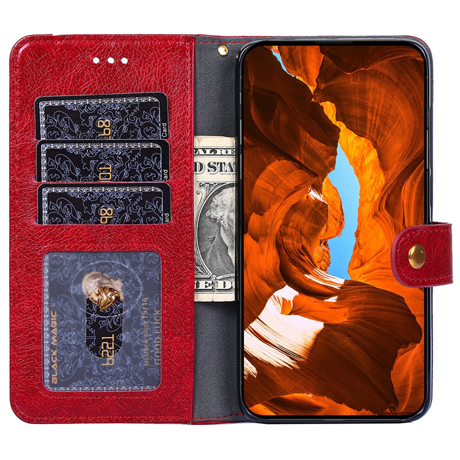 Zipper Pocket Wallet Phone Cover for iPhone 15 Pro , Stand PU Leather Case with Strap - Red
