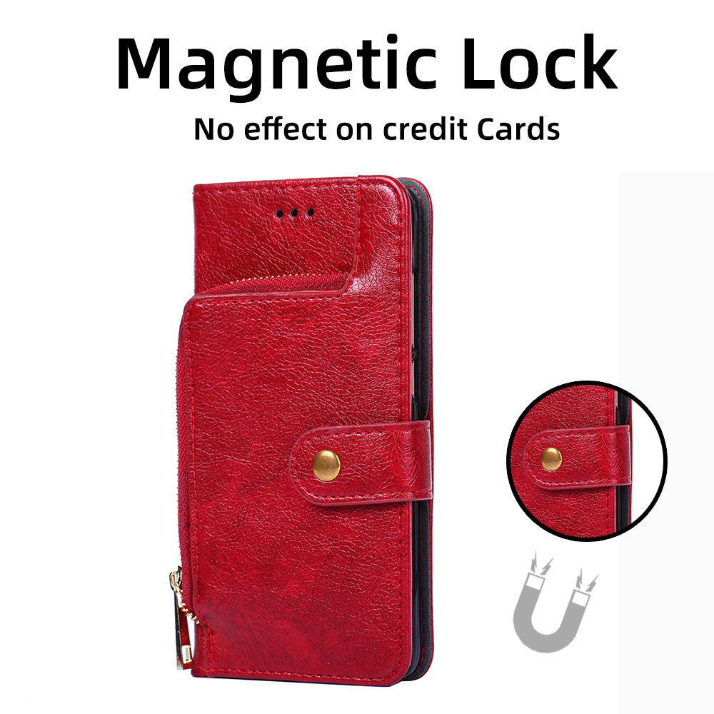 Zipper Pocket Wallet Phone Cover for iPhone 15 Pro , Stand PU Leather Case with Strap - Red