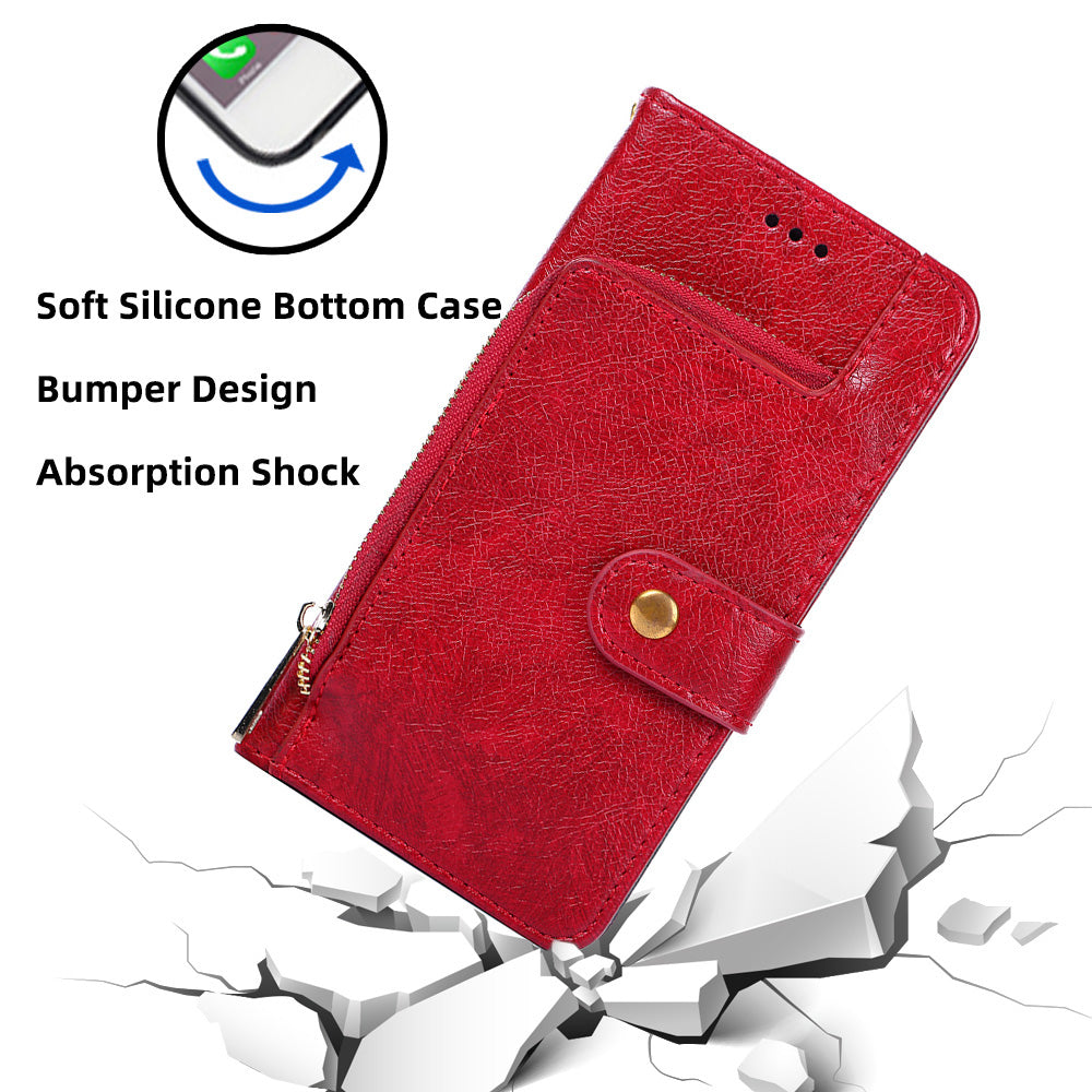 Zipper Pocket Wallet Phone Cover for iPhone 15 Pro , Stand PU Leather Case with Strap - Red