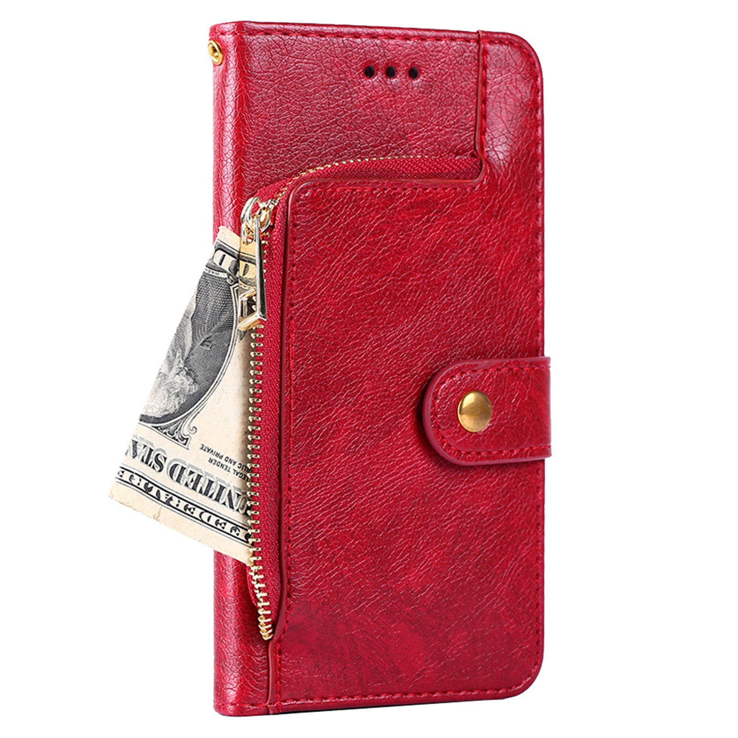 Zipper Pocket Wallet Phone Cover for iPhone 15 Pro , Stand PU Leather Case with Strap - Red