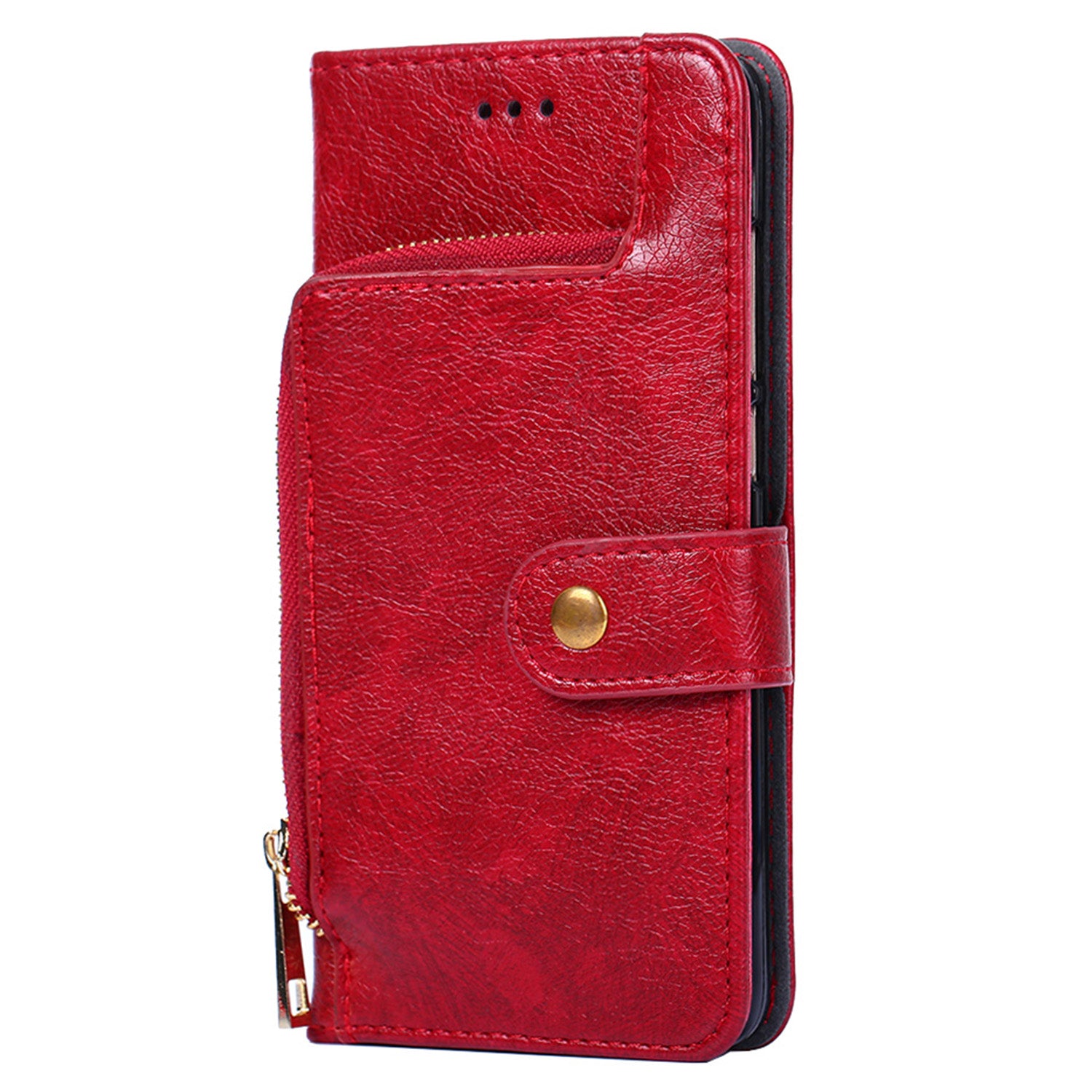 Zipper Pocket Wallet Phone Cover for iPhone 15 Pro , Stand PU Leather Case with Strap - Red