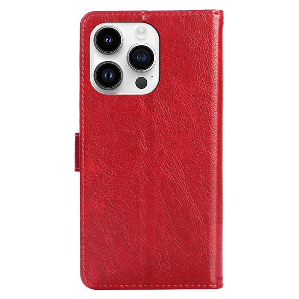 Zipper Pocket Wallet Phone Cover for iPhone 15 Pro , Stand PU Leather Case with Strap - Red