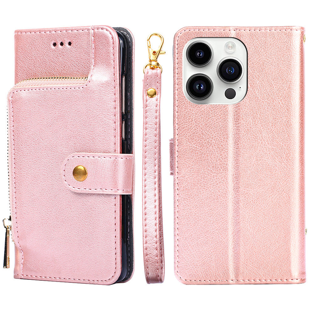 Zipper Pocket Wallet Phone Cover for iPhone 15 Pro , Stand PU Leather Case with Strap - Rose Gold