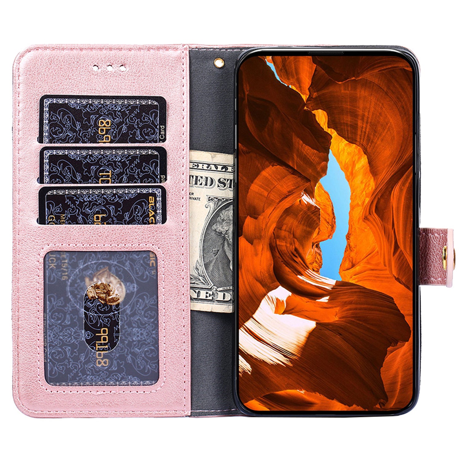 Zipper Pocket Wallet Phone Cover for iPhone 15 Pro , Stand PU Leather Case with Strap - Rose Gold