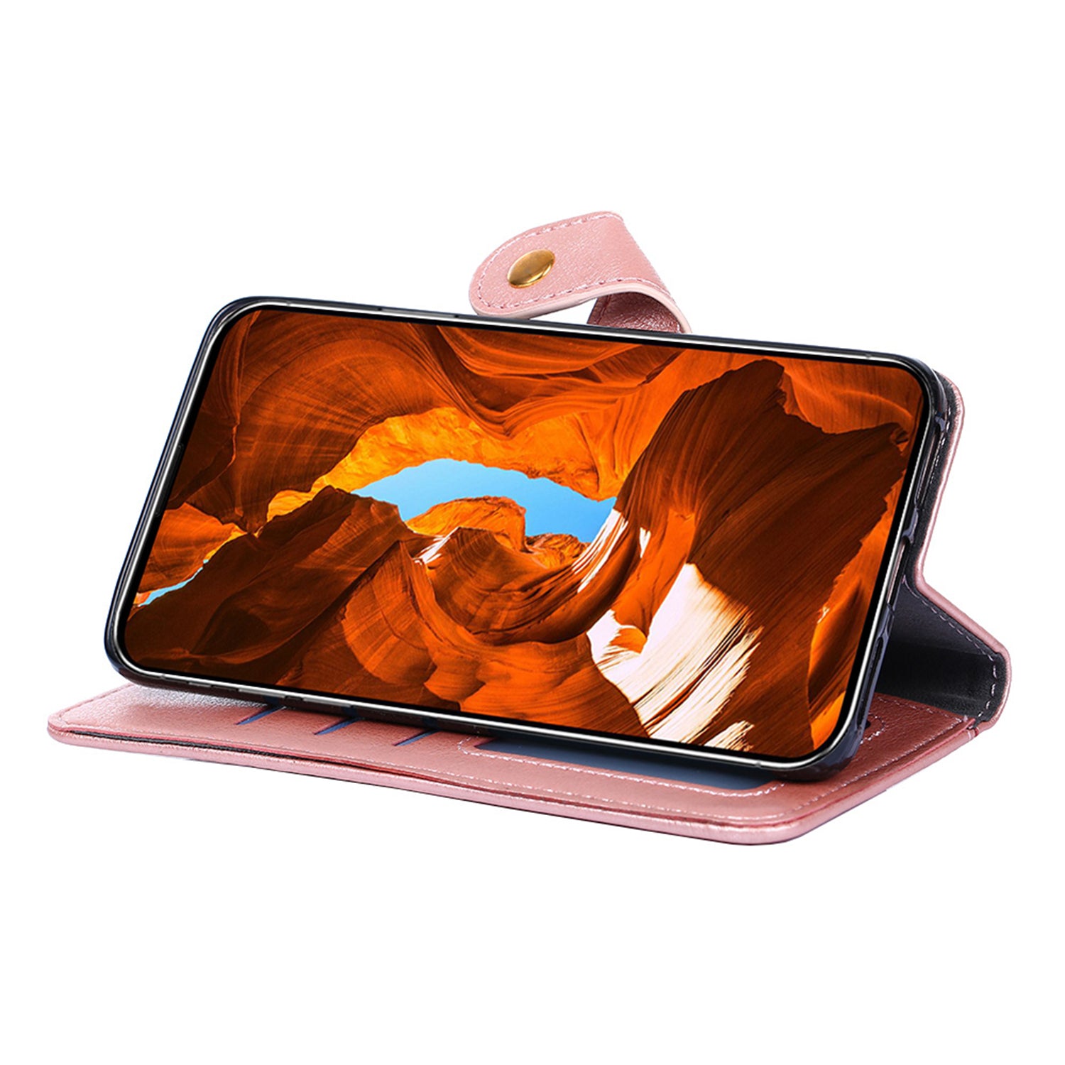 Zipper Pocket Wallet Phone Cover for iPhone 15 Pro , Stand PU Leather Case with Strap - Rose Gold