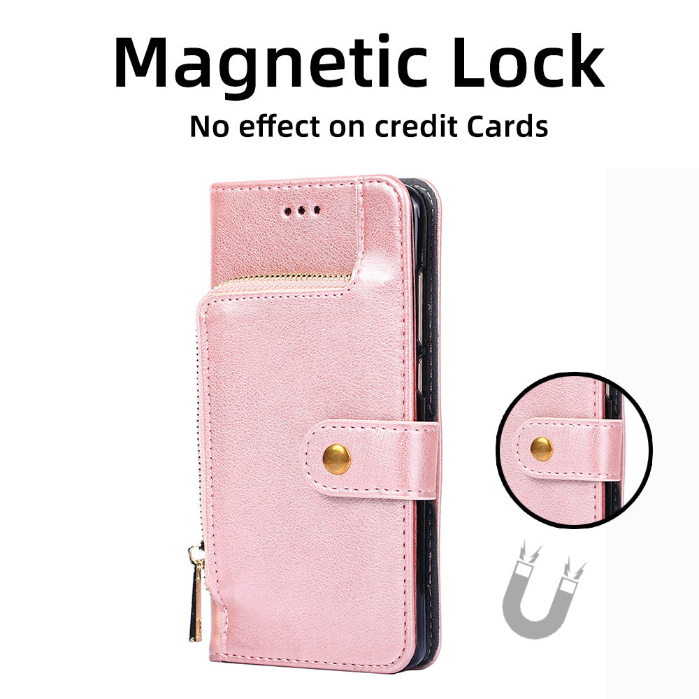 Zipper Pocket Wallet Phone Cover for iPhone 15 Pro , Stand PU Leather Case with Strap - Rose Gold