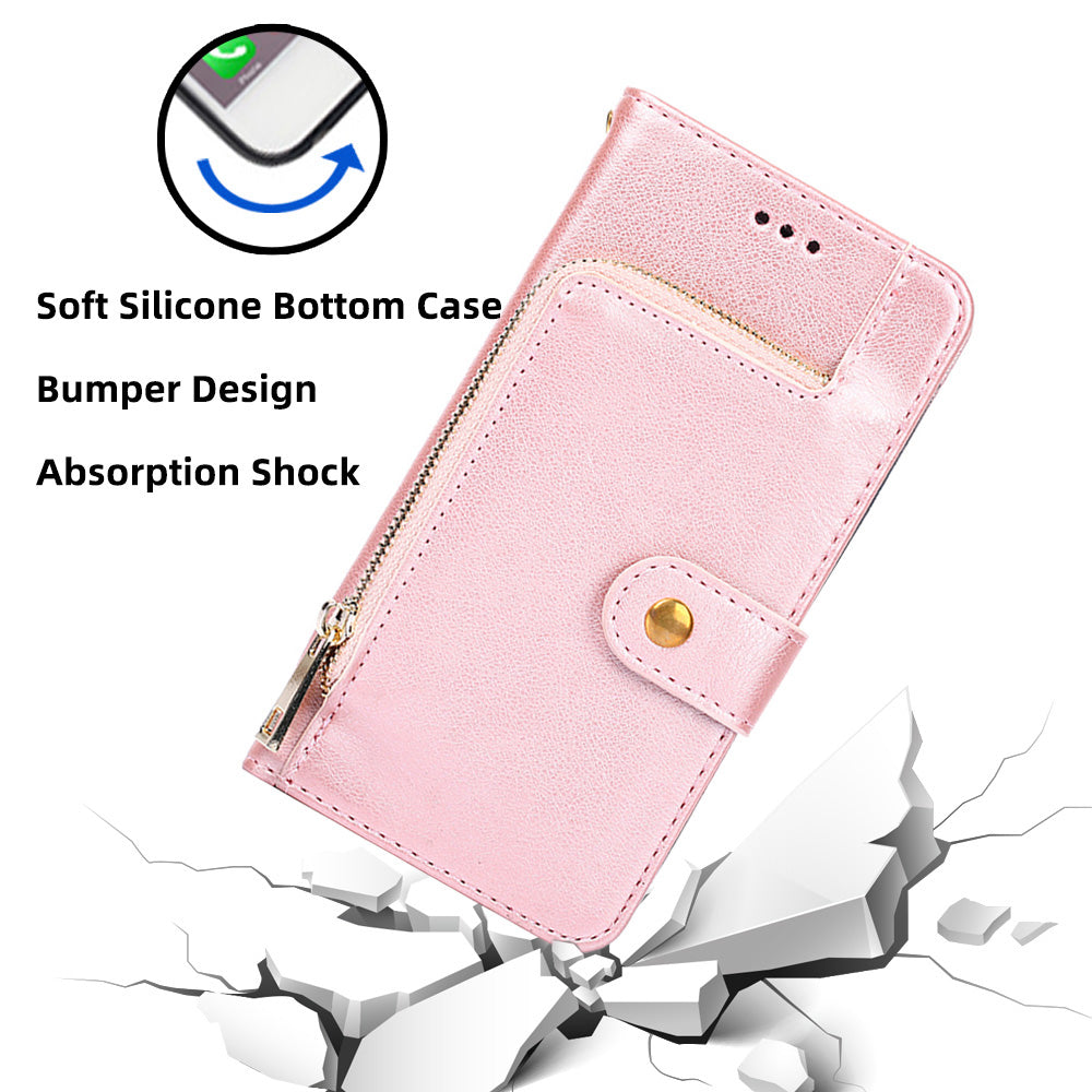 Zipper Pocket Wallet Phone Cover for iPhone 15 Pro , Stand PU Leather Case with Strap - Rose Gold