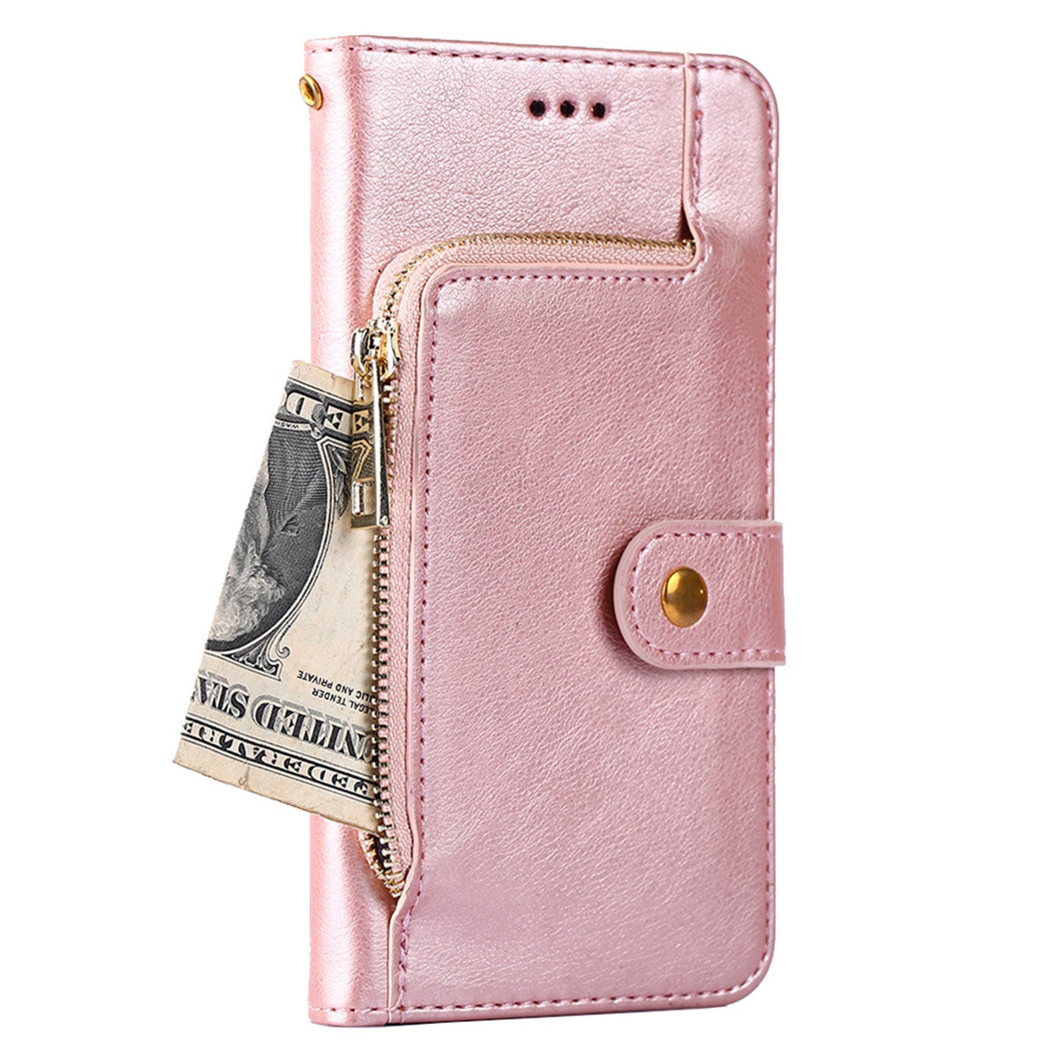 Zipper Pocket Wallet Phone Cover for iPhone 15 Pro , Stand PU Leather Case with Strap - Rose Gold