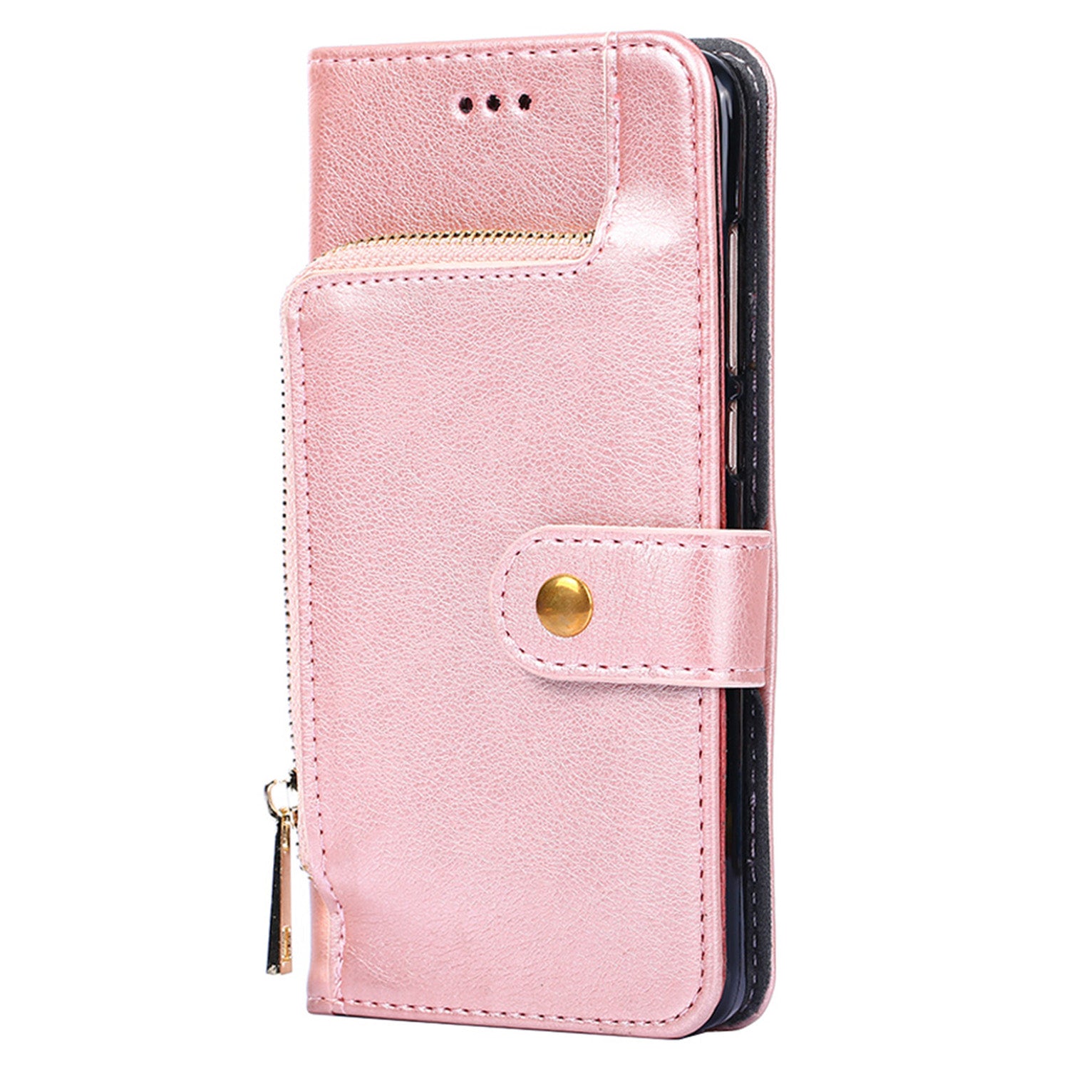 Zipper Pocket Wallet Phone Cover for iPhone 15 Pro , Stand PU Leather Case with Strap - Rose Gold