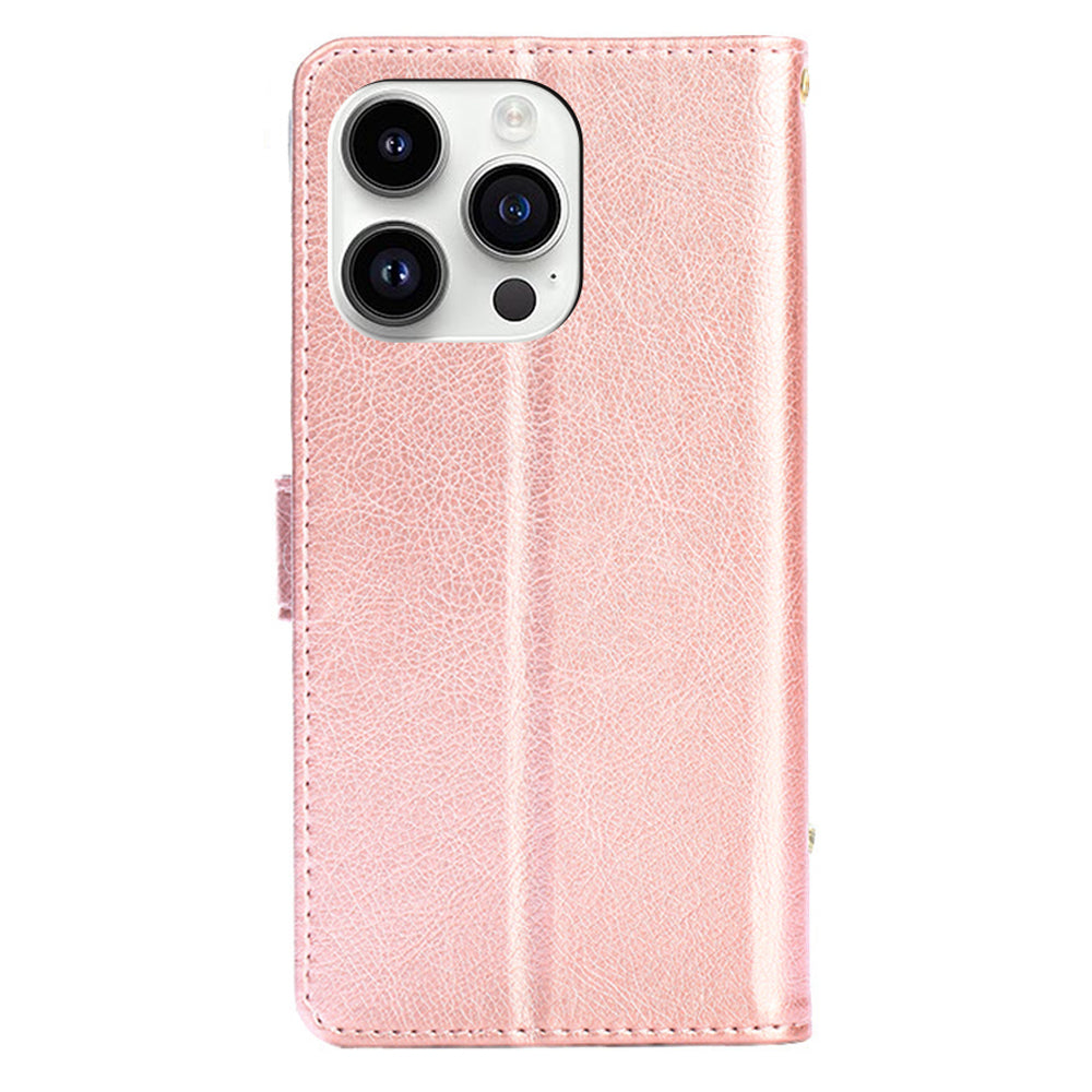 Zipper Pocket Wallet Phone Cover for iPhone 15 Pro , Stand PU Leather Case with Strap - Rose Gold