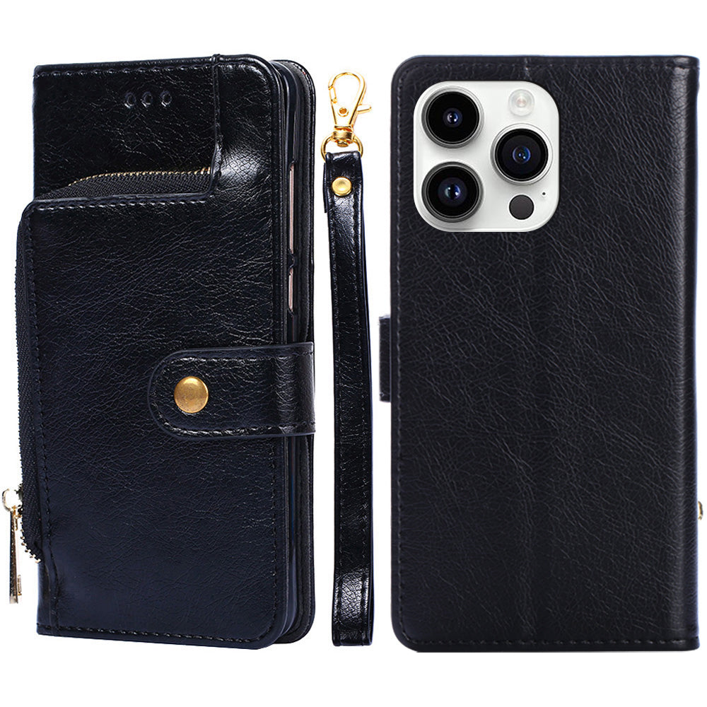 Zipper Pocket Wallet Phone Cover for iPhone 15 Pro , Stand PU Leather Case with Strap - Black